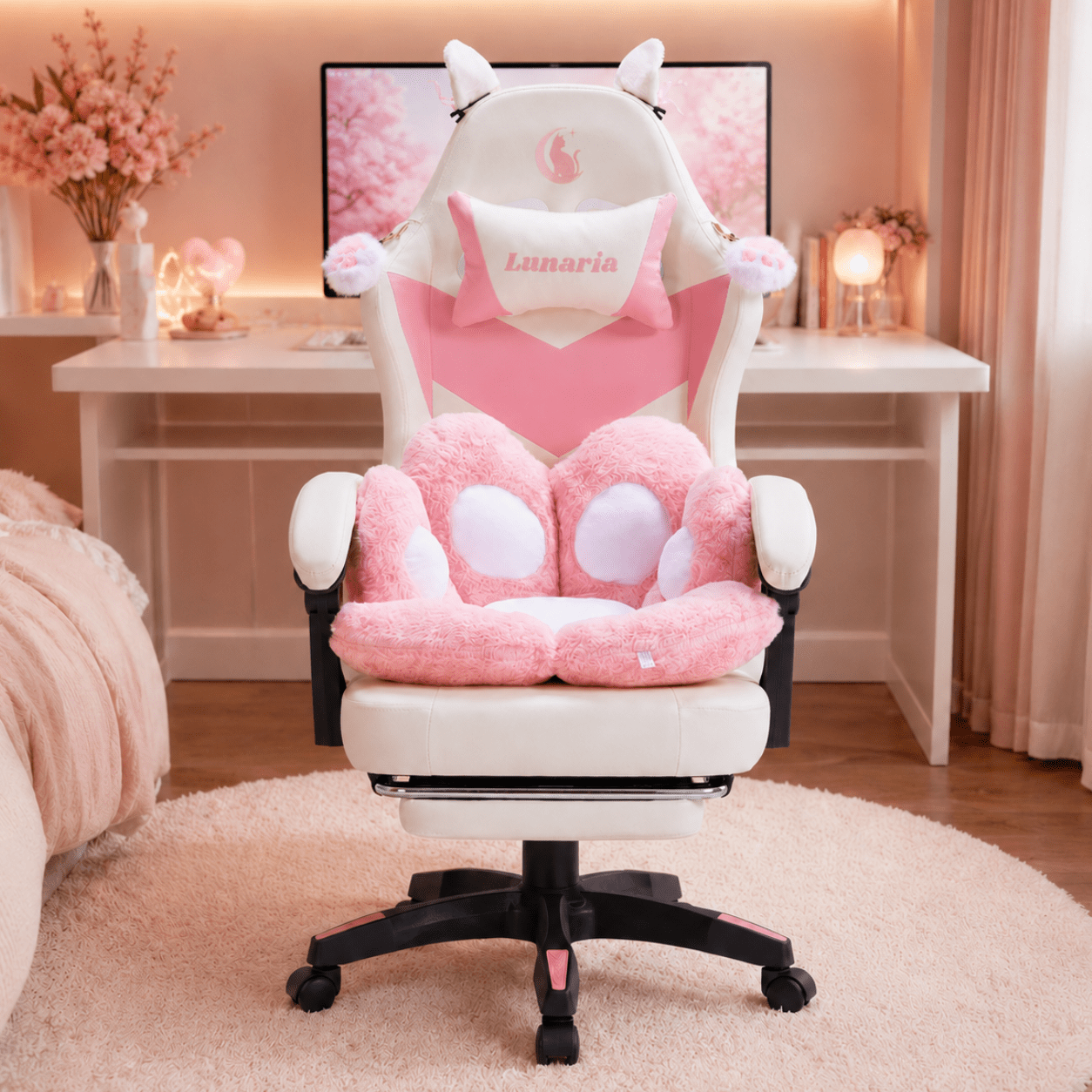 Image of Gaming Chair In Kawaii Anime Style With Footrest, Pink-white Office Chair With Cat Ears And Pillow, Ergonomic Computer Chair For Girls, Up To 120 Kg