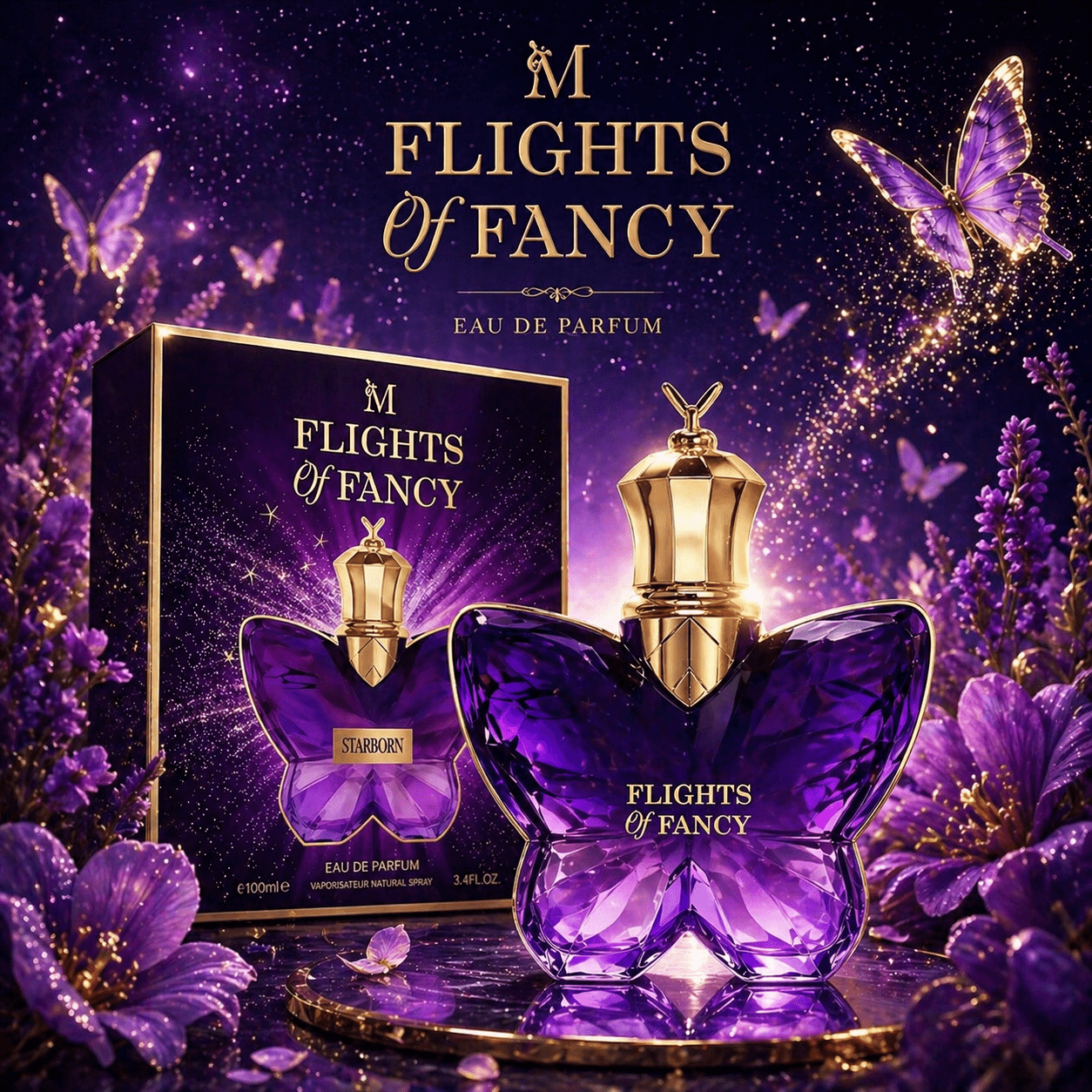Image of Flights Of Fancy Starborn Eau De Parfum 100ml – Floral Scent With Jasmine , Cashmere & Amber For Evening Wear & Signature Occasions – Purple Bottle With Gold Cap