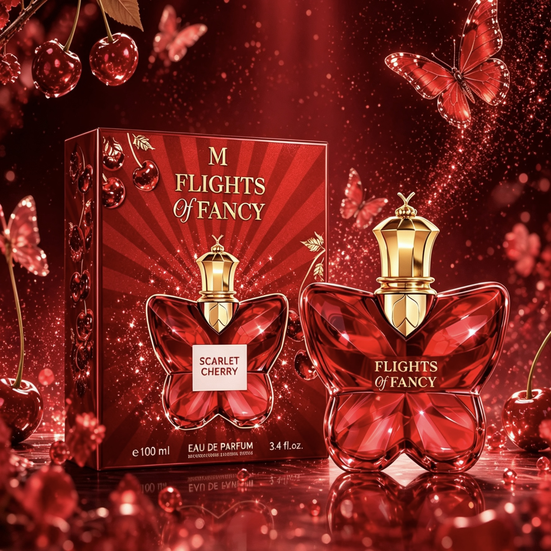 Image of M Flights Of Fancy Cherry Eau De Parfum 100ml – Scent With Sour , Almond Liqueur, & Plum For Romantic Evenings & Signature Wear – Warm Base Of Bean, Madagascar Vanilla, Sandalwood & Cedar – Red Bottle