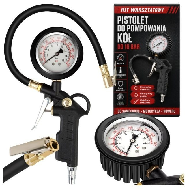 Wheel Inflation Gun With 16 Bar Pressure Gauge – Bar Psi Pressure Meter, 1/4 Coupling