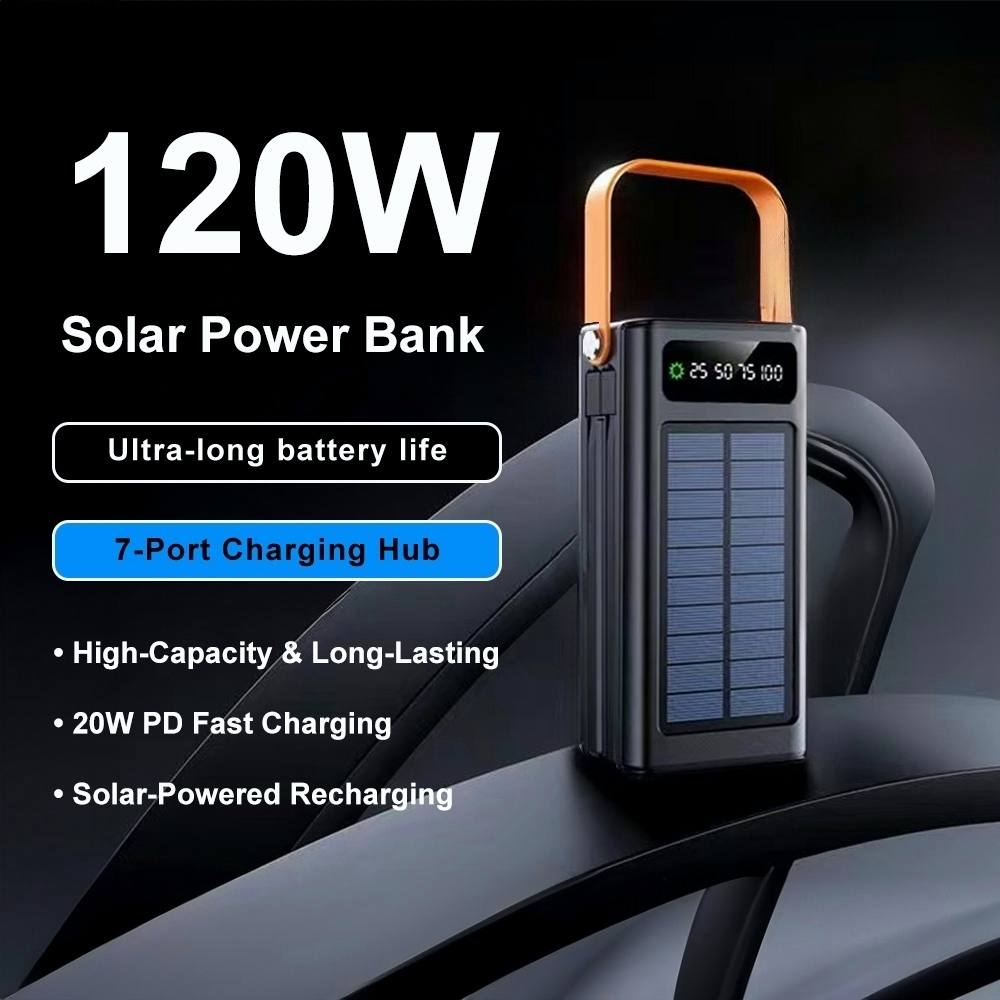 TEMU 1pc Solar Portable Charger 120w High Power Output, 7 Charging Ports, 20w Fast Charging Function, Solar Rechargeable Design, Ideal For Outdoor