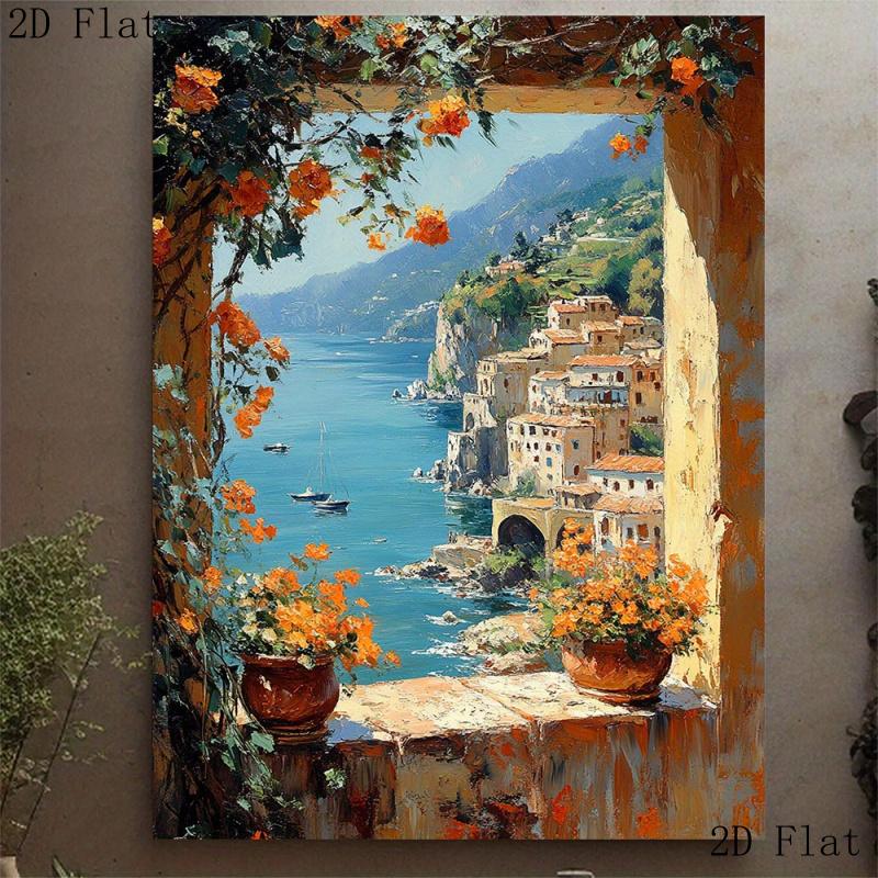 TEMU 2d Flat 1pc Mediterranean Canvas Art - Amalfi Painting, Italian Seaside Wall Decor, Tuscan Landscape Print With Wooden Frame, Unique Nautical