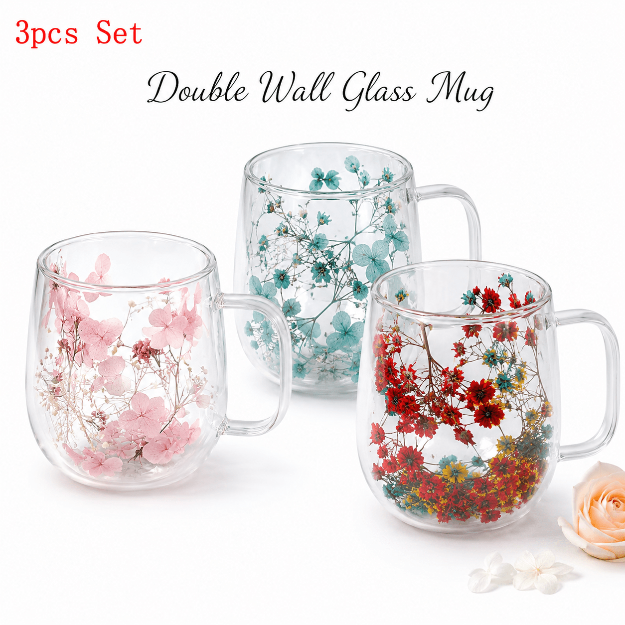 TEMU 200ml 3pcs Set Of Double Walled Glass Cup Dried Flower Insulated Coffee Tea Mug With Handle Mug Gift Set