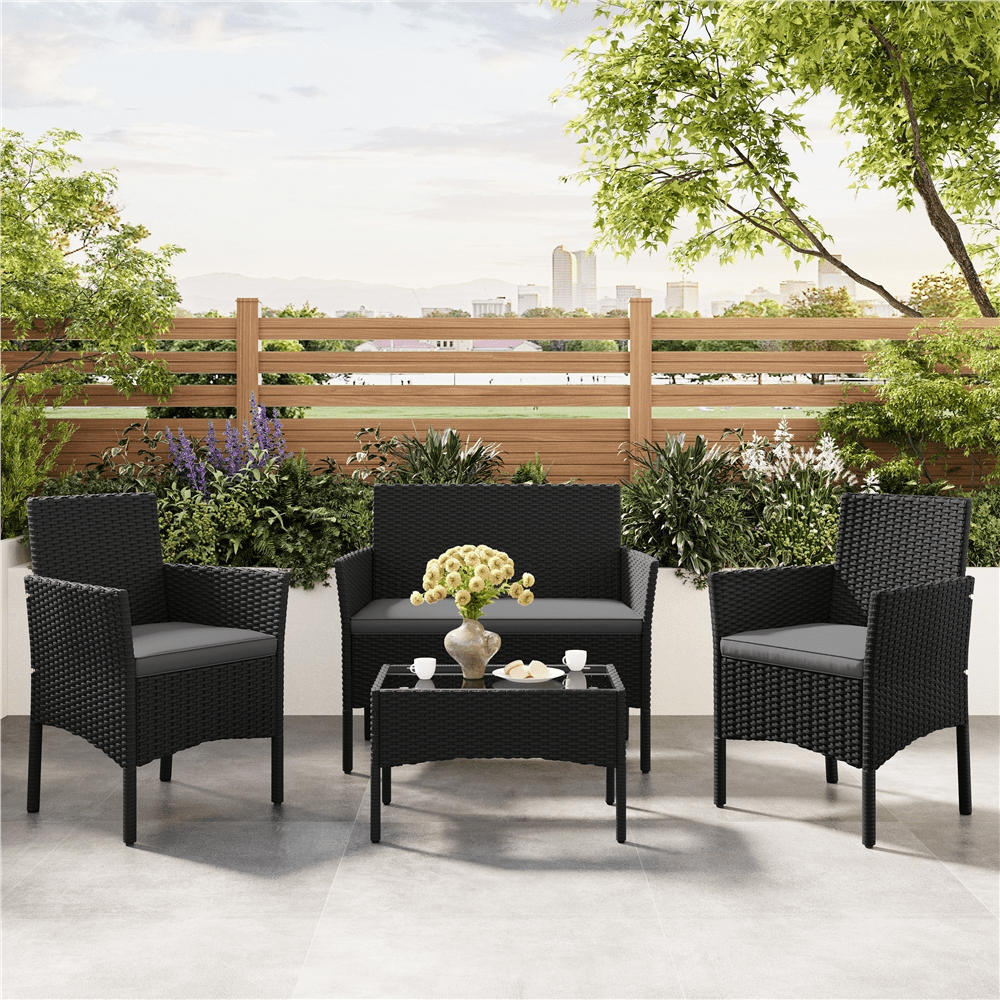 Costoffs 4-piece Pe Furniture Set, Patio Furniture Set With Two-seater & 2 Chairs With Backrests & 1 Tempered Glass Coffee Table With Seat Cushions, Seating Group For Balcony/patio/deck/garden