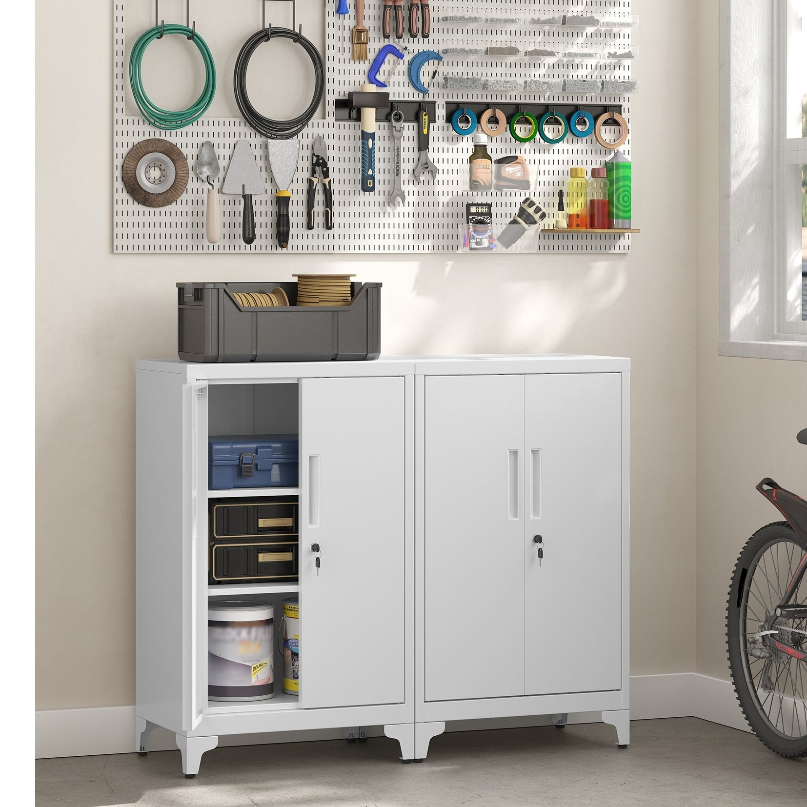 Image of Storage Cabinet, Shoe Cabinet With Lock, For Garage Or Office, Entrance Hall, Gray