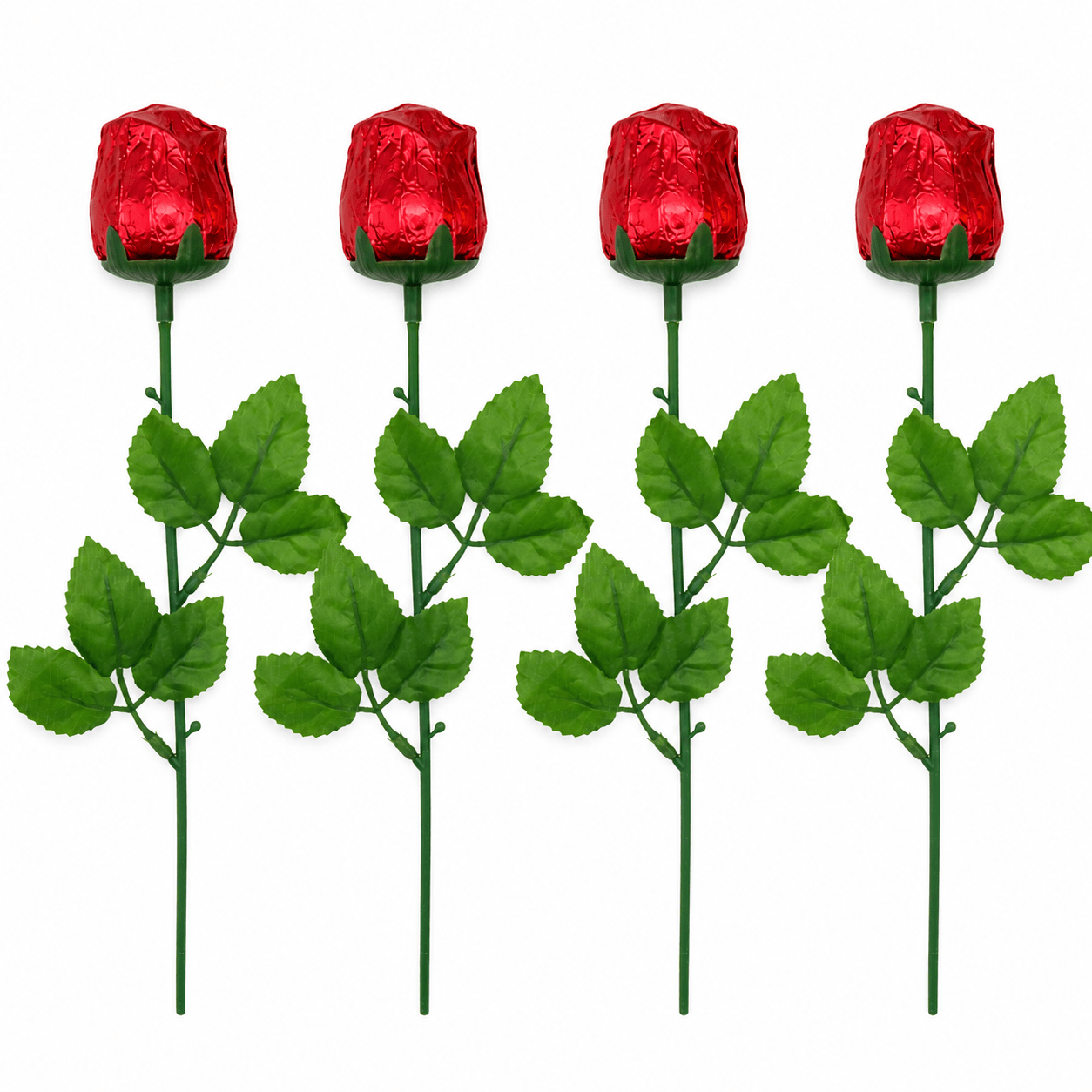 pack of 4 chocolate   18g each foil wrapped rose shaped   flowers single stem   for valentines day mothers day birthday anniversary wedding favours and gift hampers