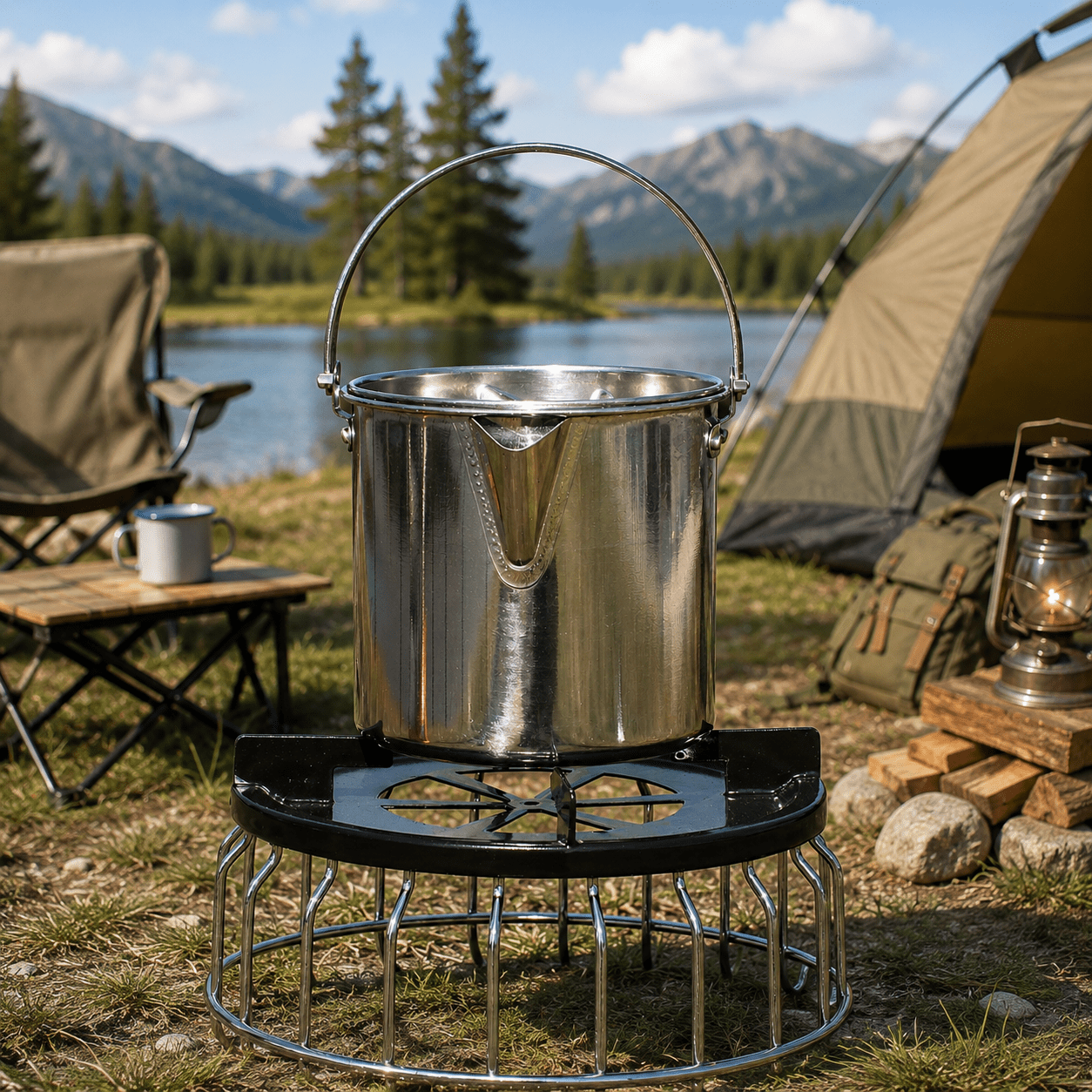 TEMU 1.2l Camping Pot Stainless Steel Portable Water Cup With Foldable Handles And Lid Camping Cooking Kettle