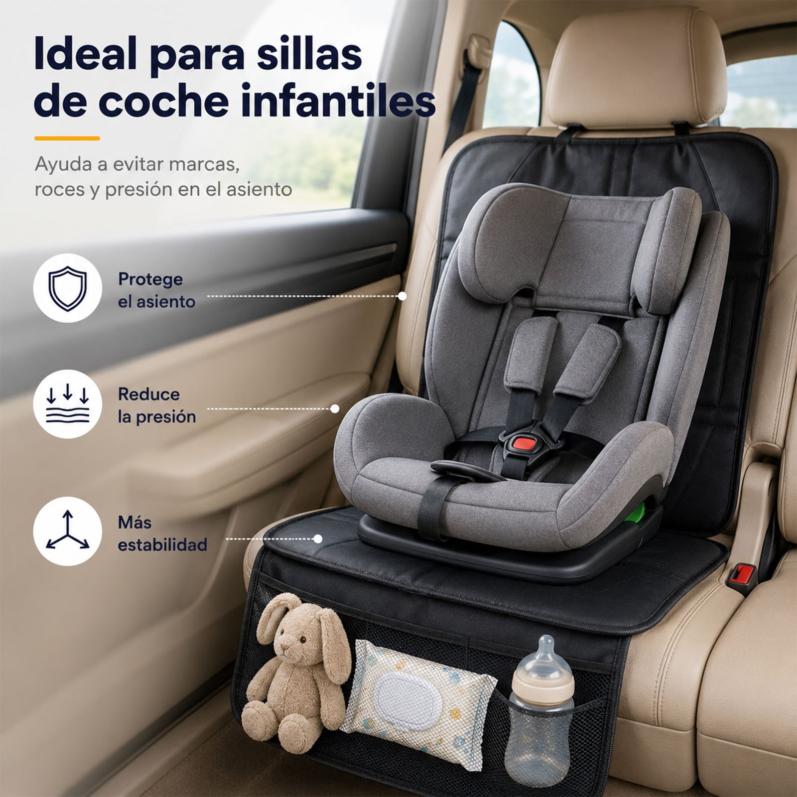 TEMU Protector de Asiento de Coche, Colchoneta para Asiento con Relleno Más , Fundas de Tela 600D para Asientos con Bolsillos de Malla Antideslizante