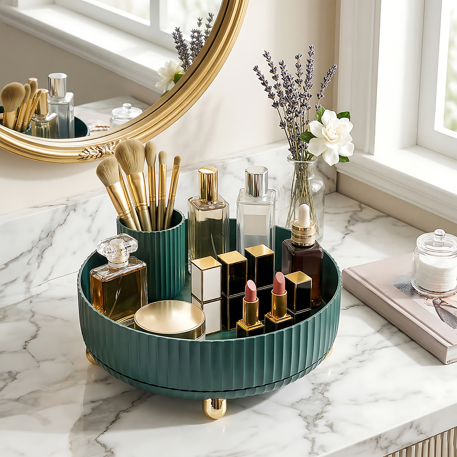 TEMU 1pc Modern Minimalist Desktop Cosmetics Storage Box, Round Rotating Cosmetics Storage Tray, Practical Countertop Storage Box, Suitable For