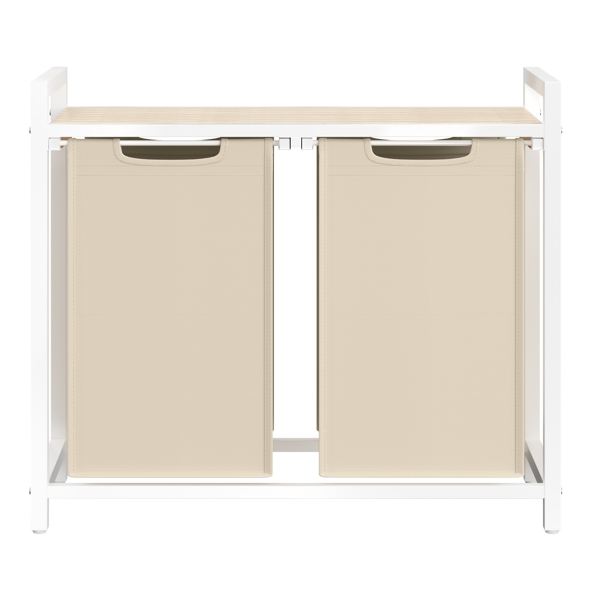 TEMU Panier à Linge 2 Compartiments, avec Étagère de Rangement, Sac Amovible, Cadre en Métal, 2 x 46 L, Beige