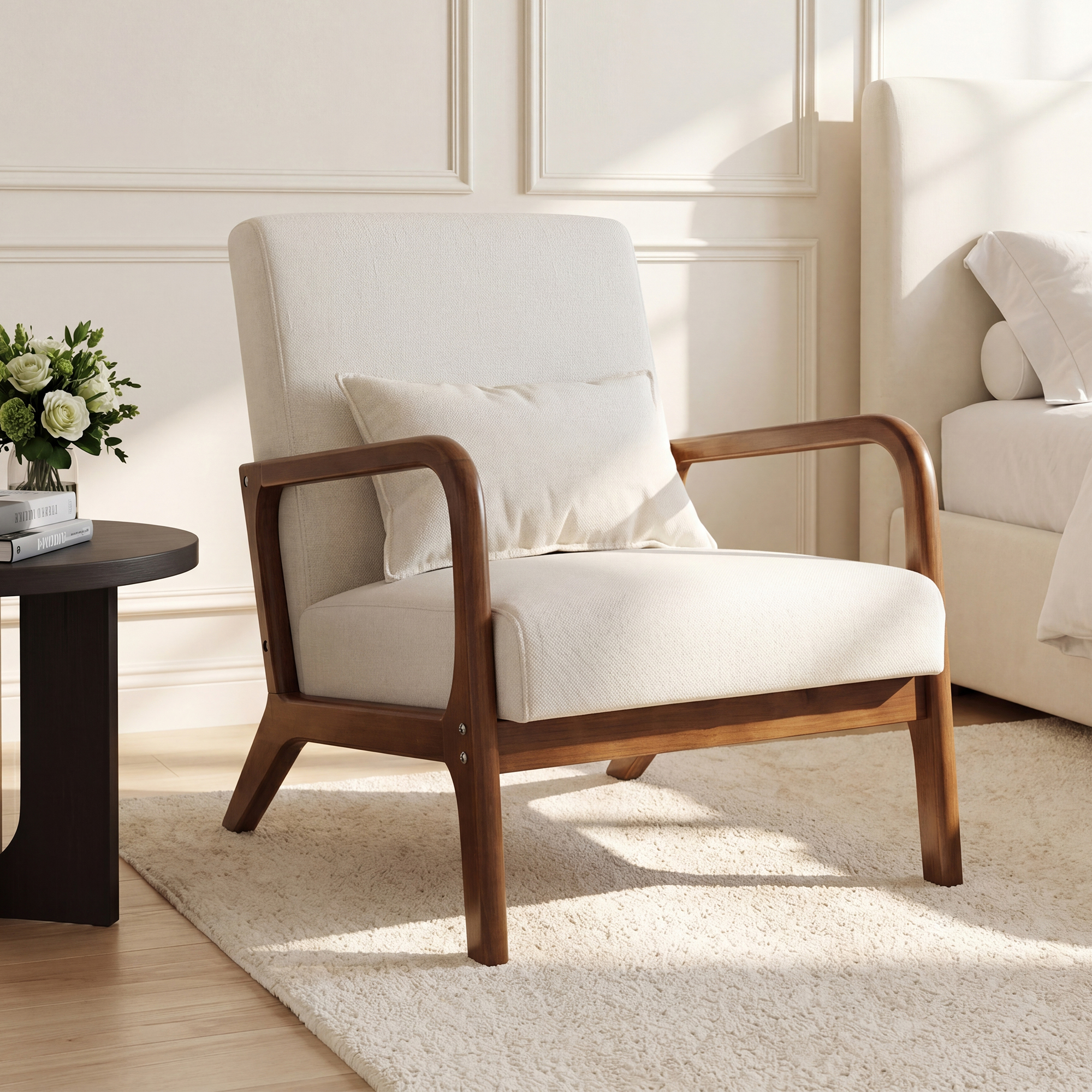 Padded Lounge Armchair With Armrests, Solid Wood Frame Relaxation Chair For Living Room Bedroom, Beige
