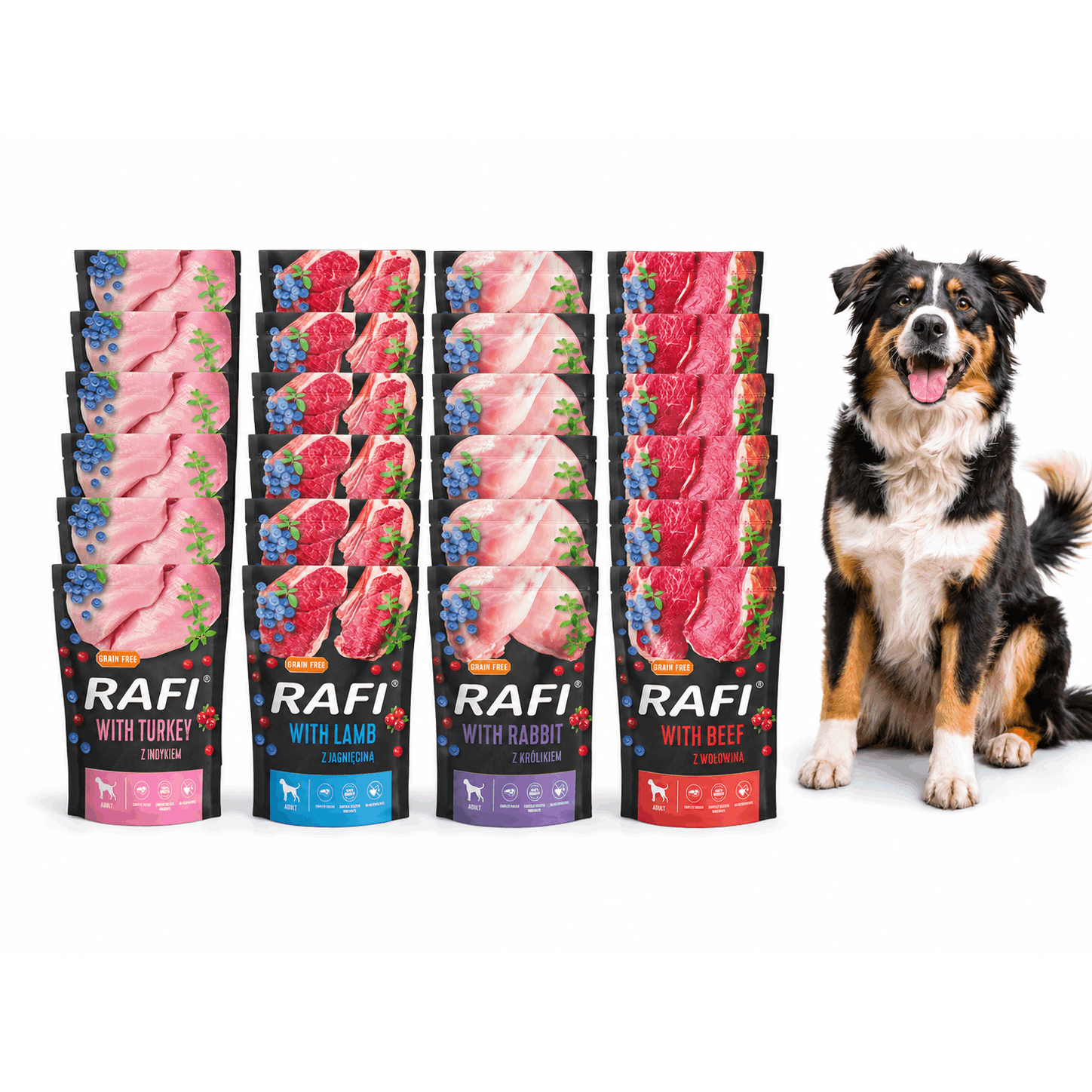 Food Noteci Rafi Adult Grain-free Pouch 6x Turkey, 6x Rabbit, 6x Lamb, 6x Beef, 24 X 500g