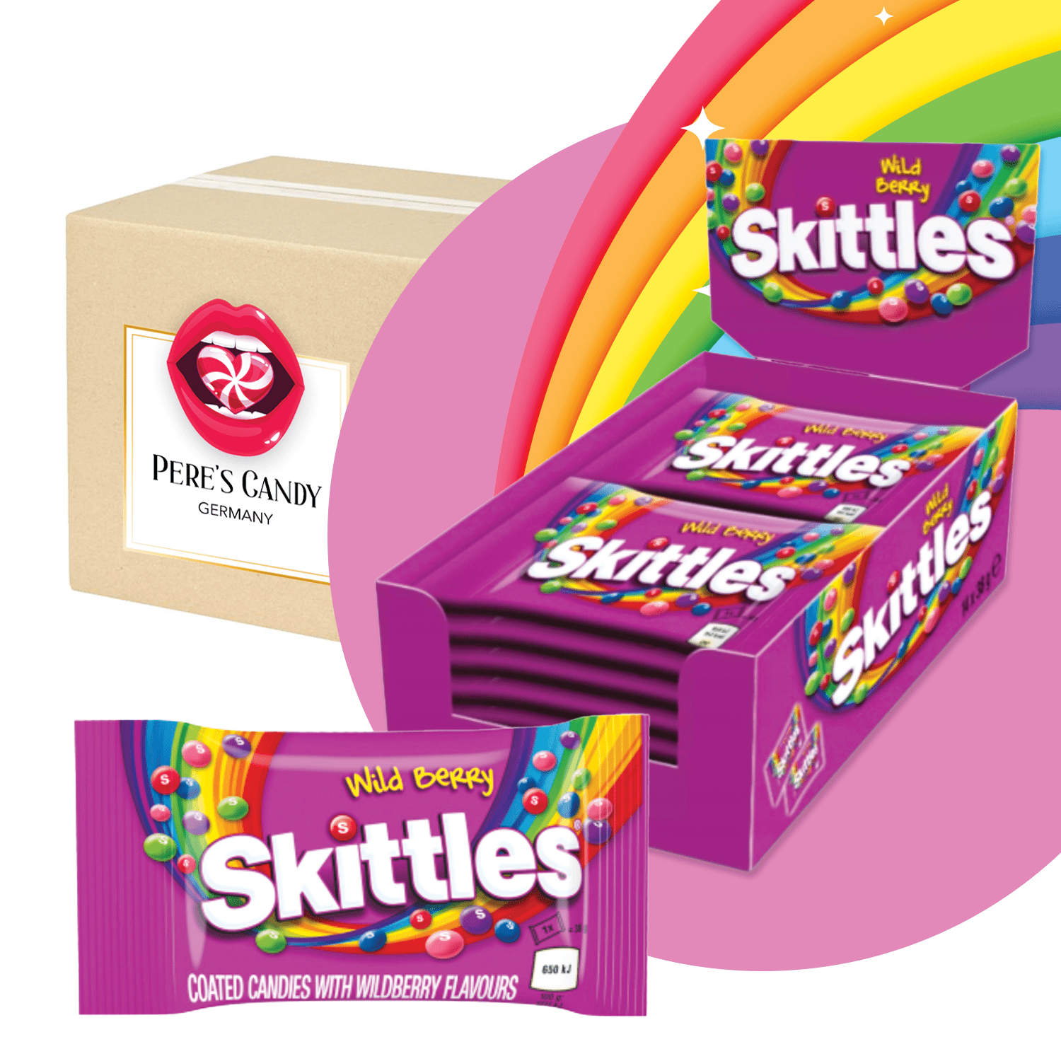 Image of Skittles Wild Berry 14x38g - The Display With 14 Portion Bags Of Crunchy Sugar-coated Candies, Wild Berry Fruit Flavor.