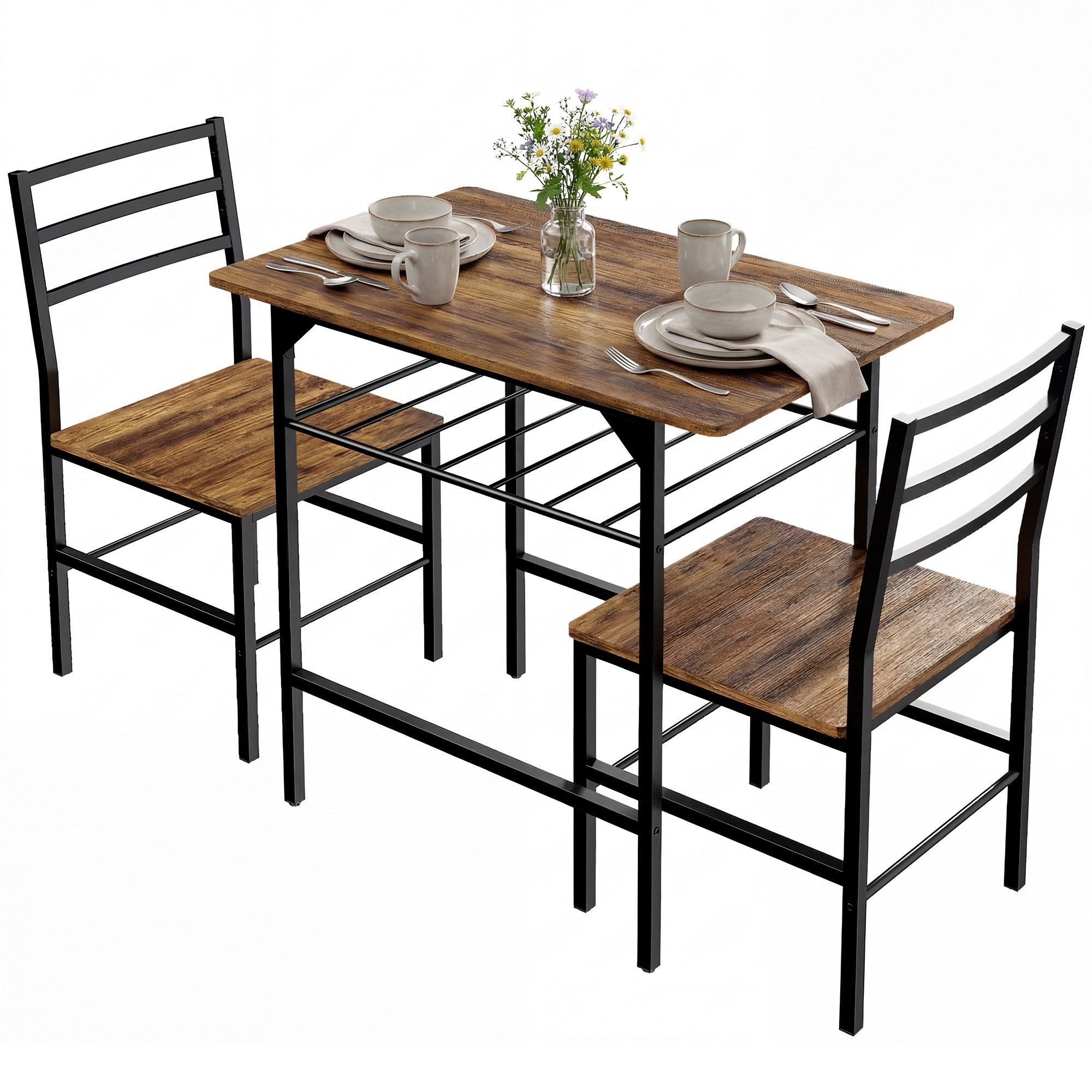 TEMU Ensemble table salle à manger avec 2 chaises, table de cuisine avec chaises pour 2 personnes, étagère de rangement, cadre en métal, style