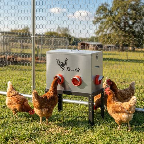 Artikelbild futterautomat hühner 18 kg füllmenge hühnerfutterautomat automatisch futterspender mit abschließbarer deckel verstellbarer beine 6 öffnungen geflügel-futterspender silber 42 x 25 x 55,5 cm