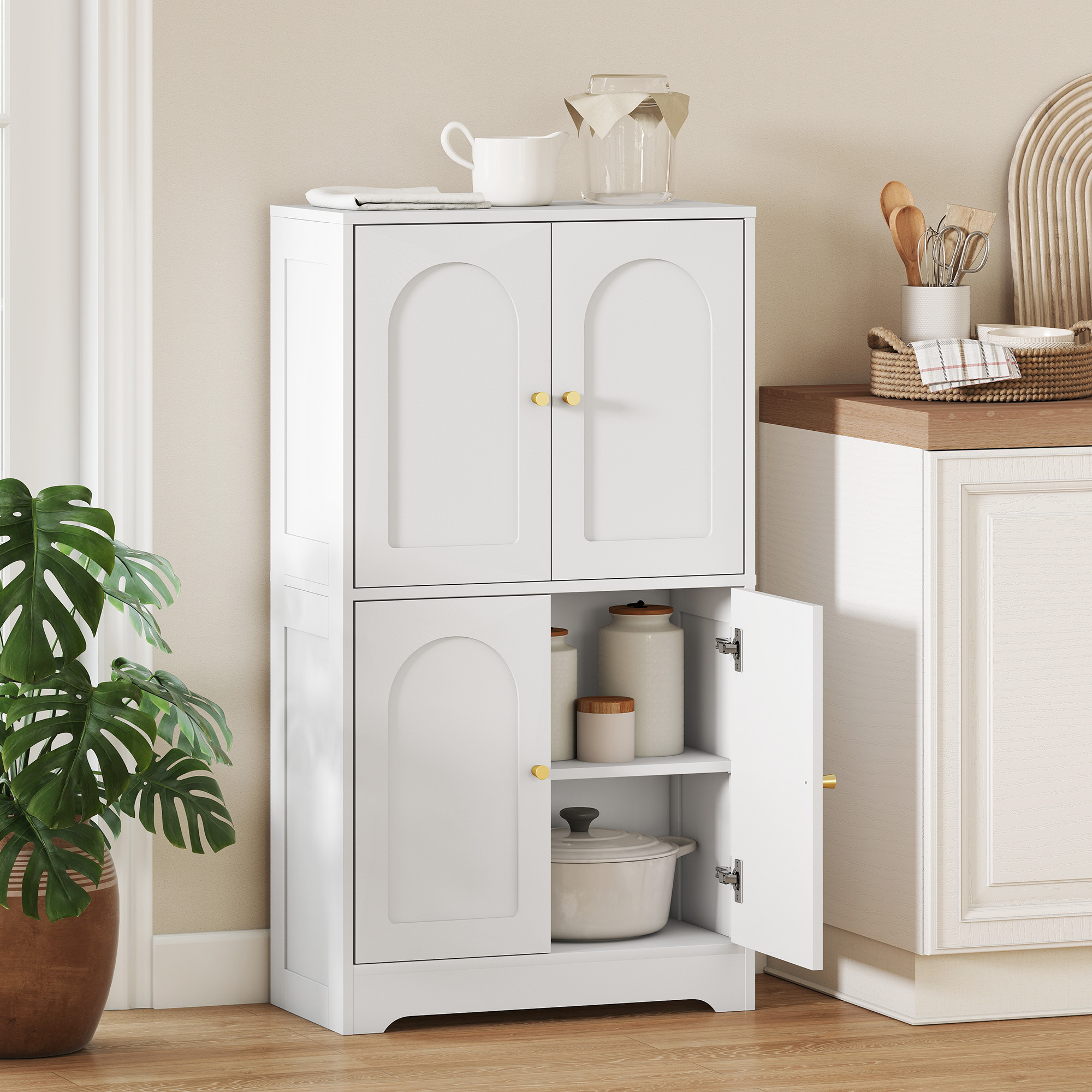 Kitchen Cabinet, Tall Cabinet With 2 Adjustable Shelves, Kitchen Buffet Cabinet With 4 Curved Doors, For Living Room, White, 60 X 30 X 110 Cm
