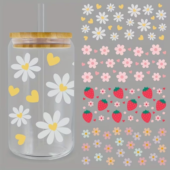 TEMU 4pcs Daisy & Strawberry Uv Dtf Cup Wraps – 16oz Waterproof Transfer Stickers, Self-adhesive Decals For Cups, Mugs, Glass & Diy Crafts