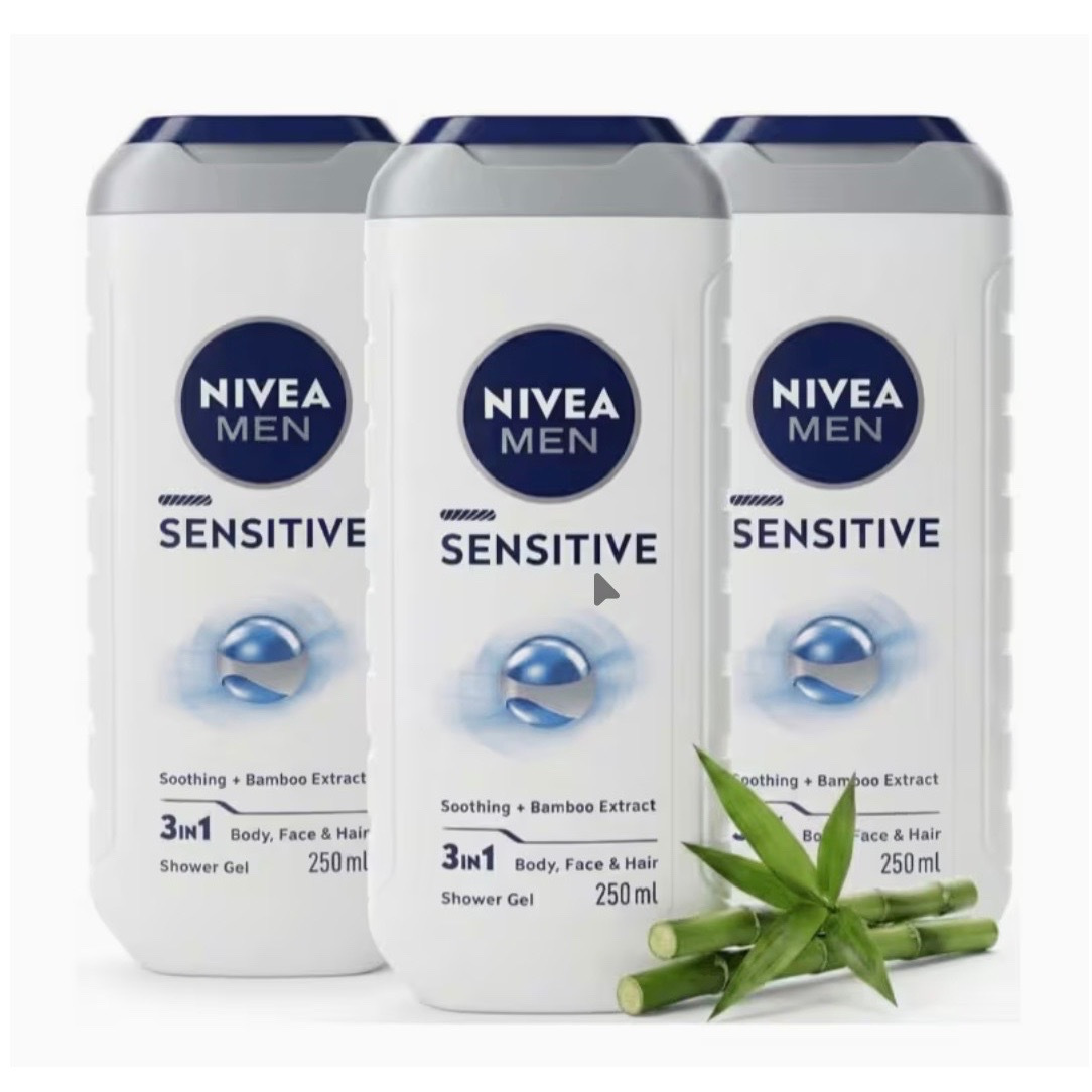 TEMU Nivea Men Sensitive Shower Gel Pack Of 3 (3 X 250ml), Alcohol-free Body Wash, Gentle Shower Gel Men With Bamboo Extract, Body Wash For Men With