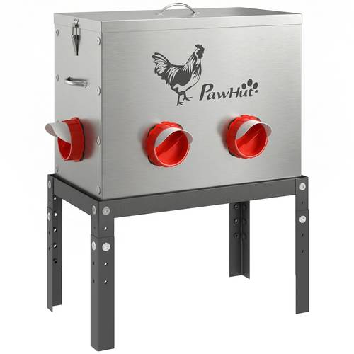futterautomat hühner 18 kg füllmenge hühnerfutterautomat automatisch futterspender mit abschließbarer deckel verstellbarer beine 6 öffnungen geflügel-futterspender silber 42 x 25 x 55,5 cm