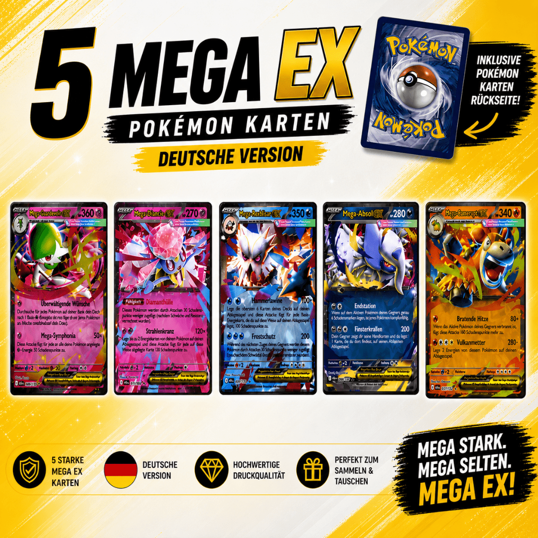 5 Pokémon Mega Ex Cards - German Version - Ultra Rare - 100% Original - No Duplicates