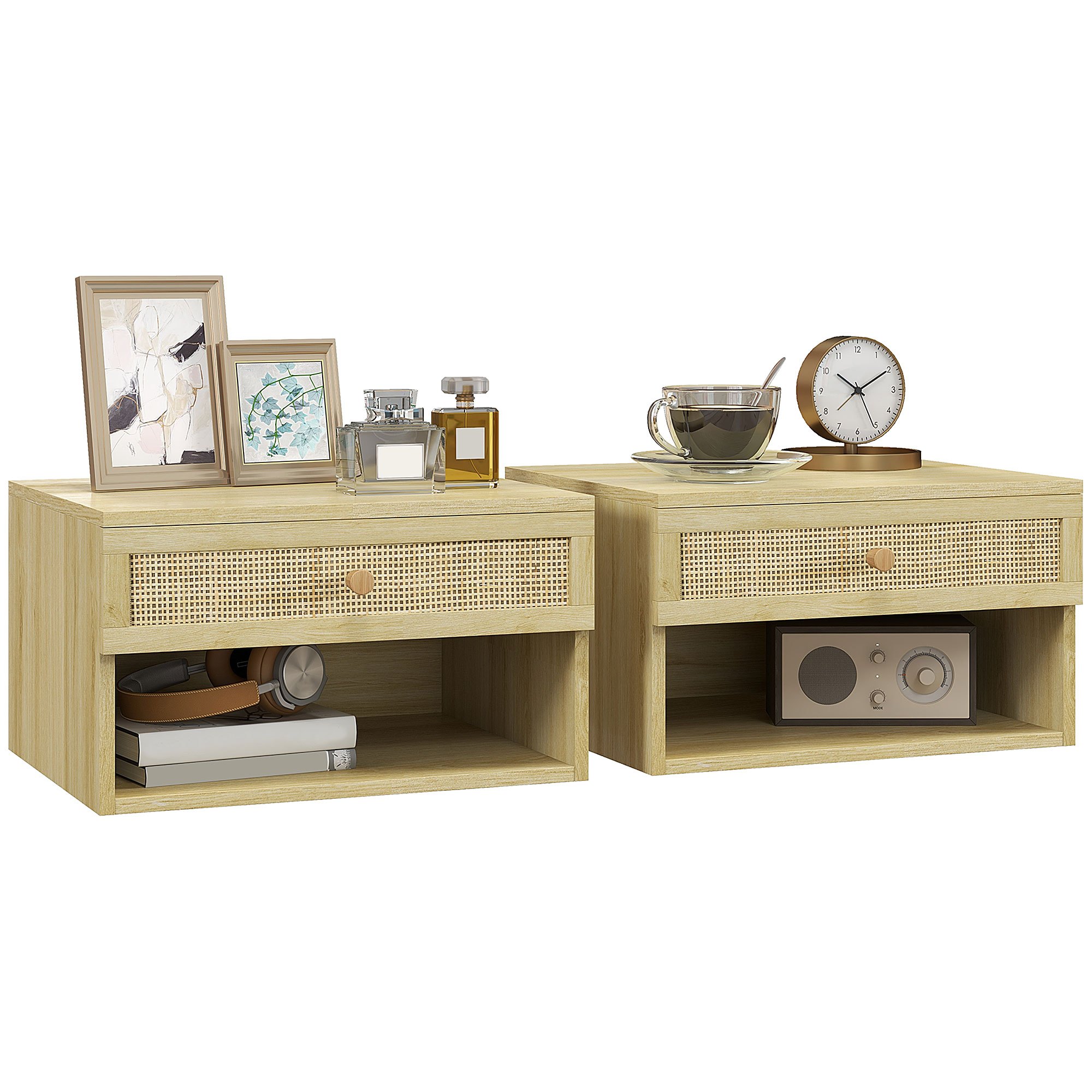 TEMU HOMCOM Lot de 2 tables de chevet murales table de nuit - tiroir coulissant, niche, plateau - en bois effet rotin tissé dim. 40L x 34l x 23H cm