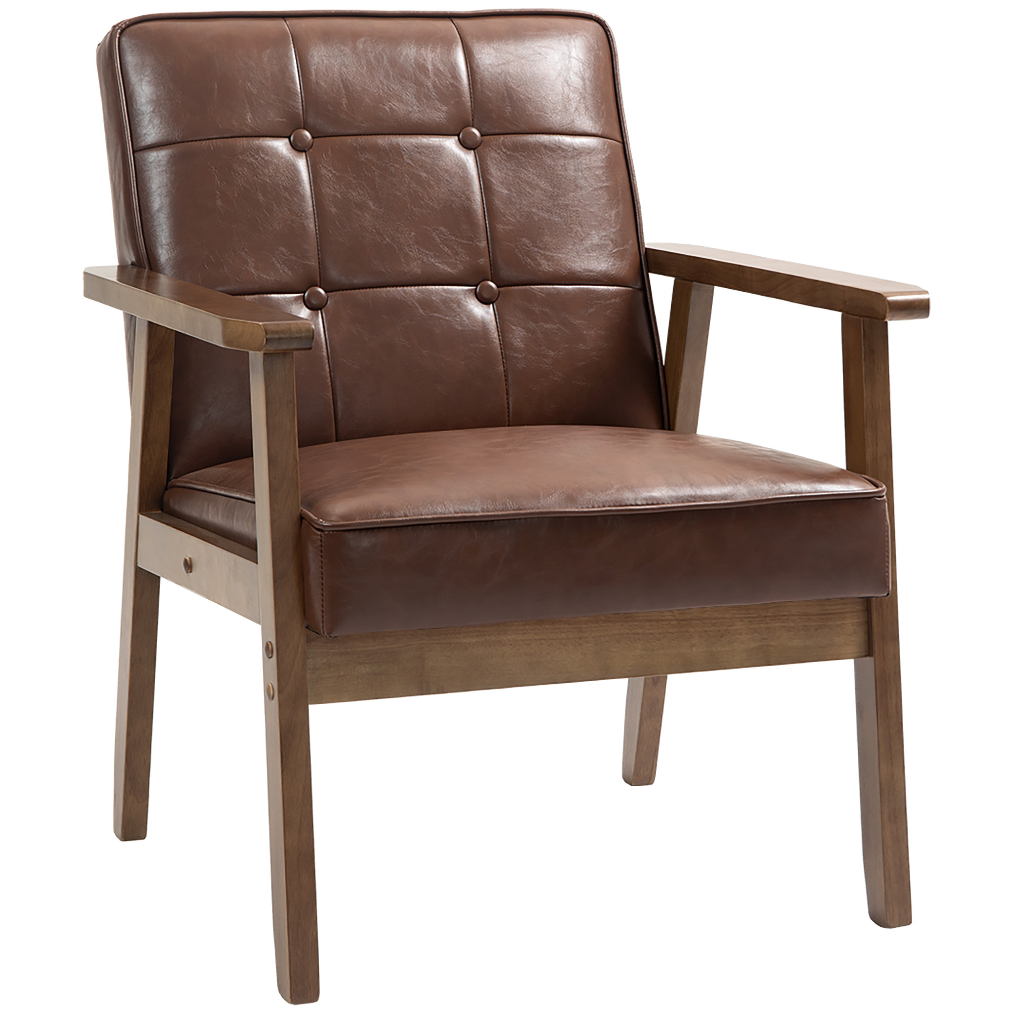 TEMU HOMCOM Fauteuil de salon, fauteuil de chambre en cuir synthétique avec capitonné, accoudoirs, pieds en bois , marron