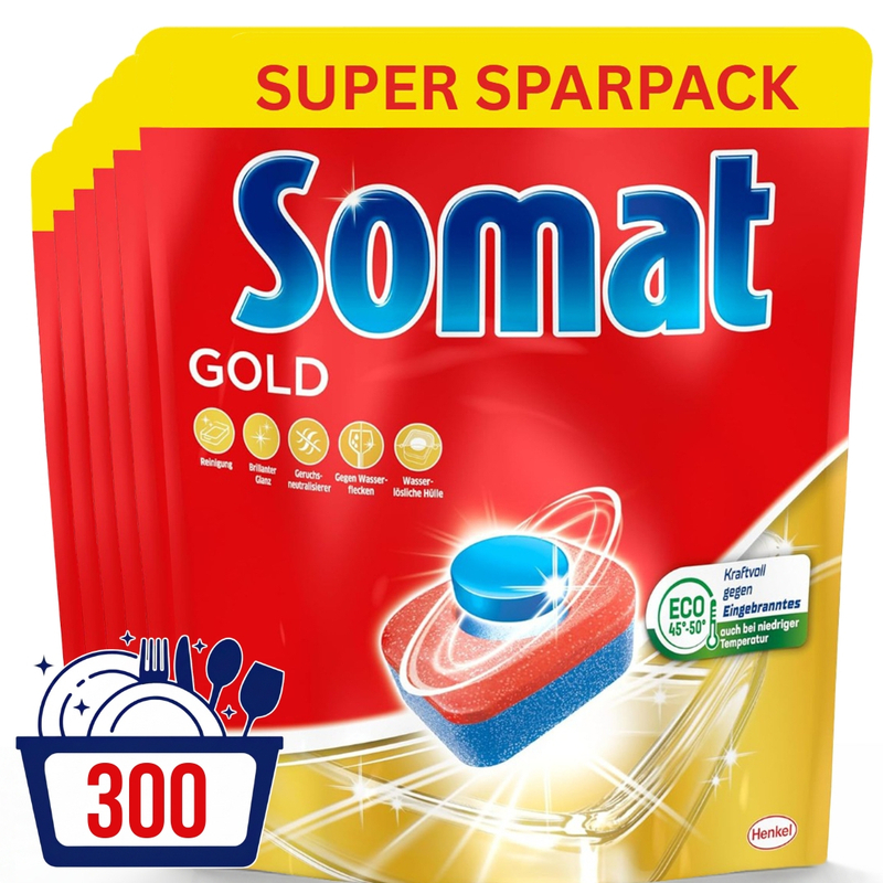 Image of Somat Gold Dishwasher Tabs - 300 Tabs Xxl Pack, Dishwashing Tabs For Sparkling Clean Dishes At Low Temperatures, Against Dried-on Food Residue