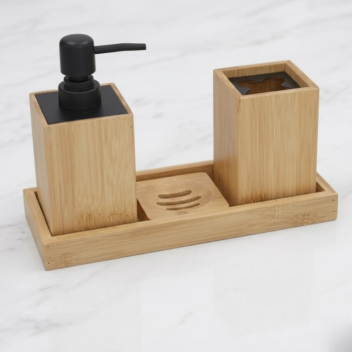   shopping - set de baño de bambú de 4 piezas - organizador de baño moderno (25x9x17 cm)