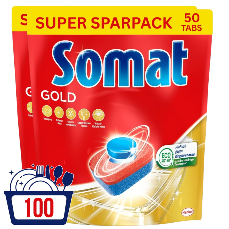 Somat Gold Dishwasher Tabs - 100 Tabs Pack, Dishwasher Tabs For Sparkling Clean Dishes At Low Temperatures, Against Dried-on Food