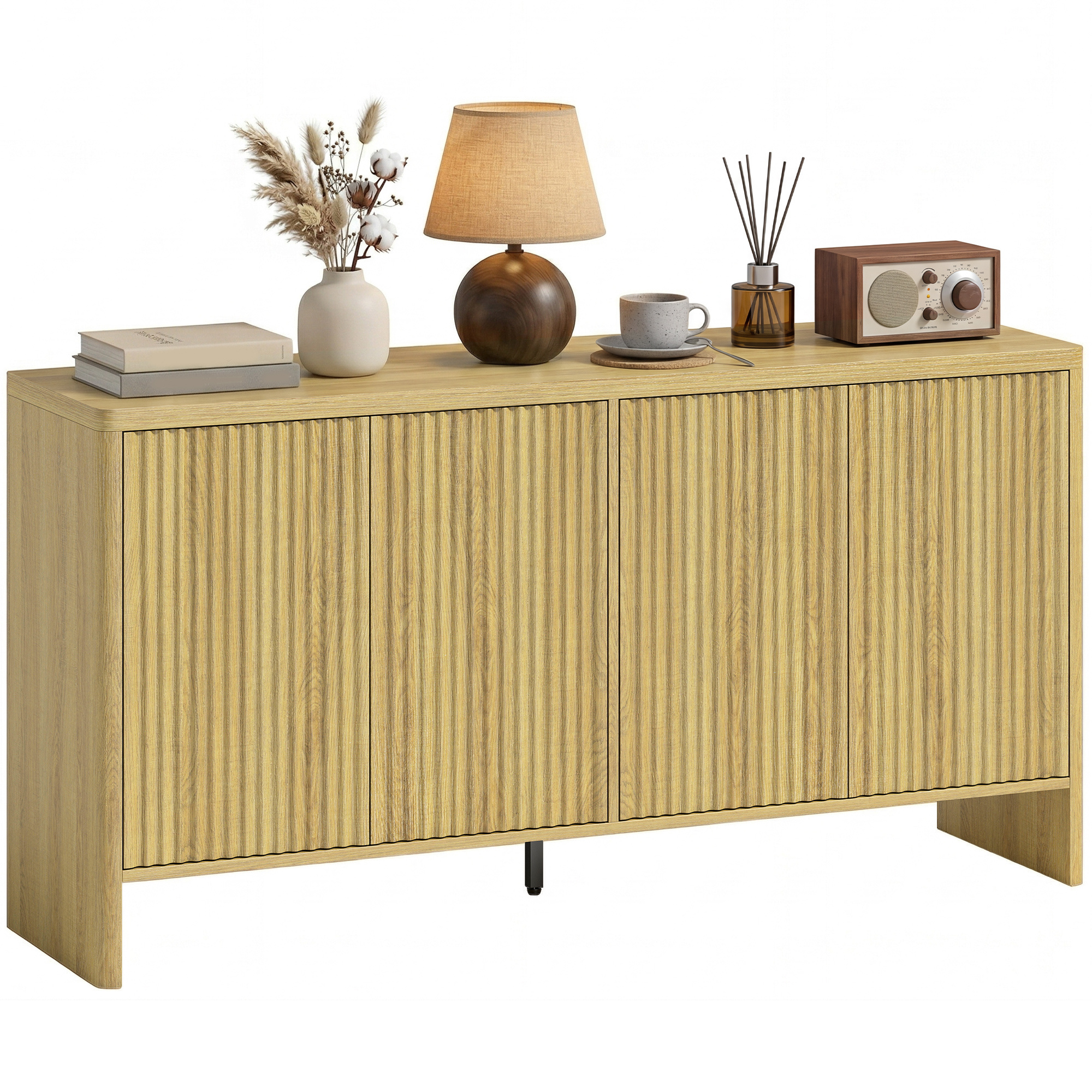 TEMU Buffet salon, meuble de rangement avec 4 portes rainurées et étagère réglable, ouverture par pression, arrondis, style moderne, buffet salle à