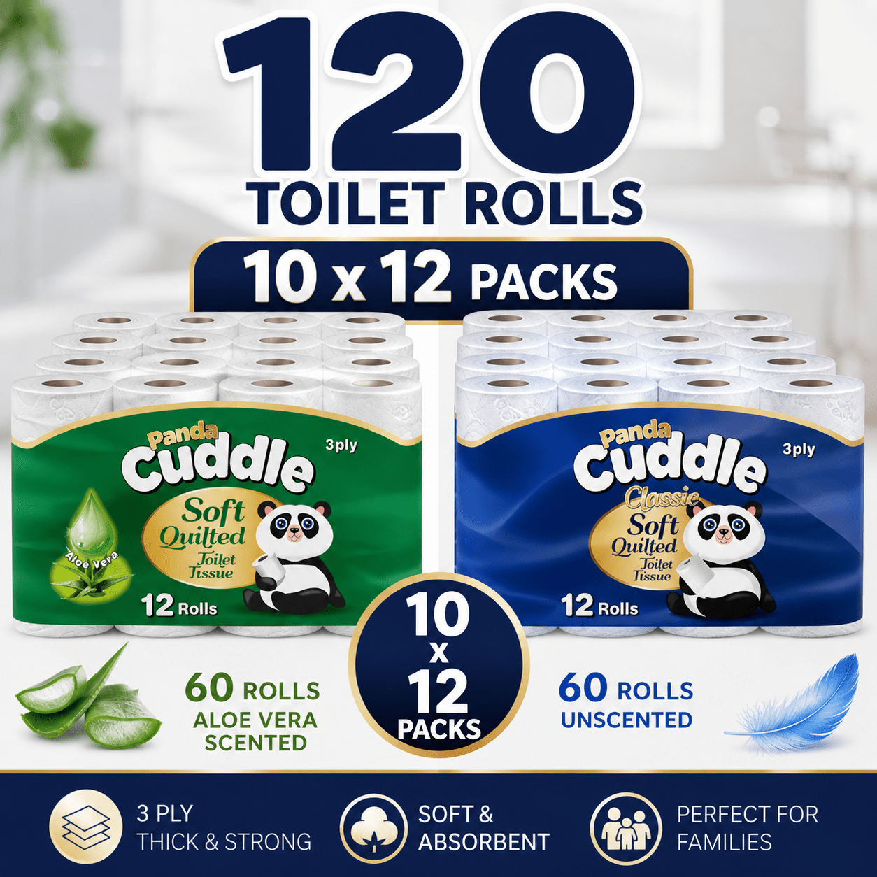 TEMU 120 Rolls Toilet Tissue 3 Ply Soft Strong Bulk Pack Aloe Vera & Unscented Mixed