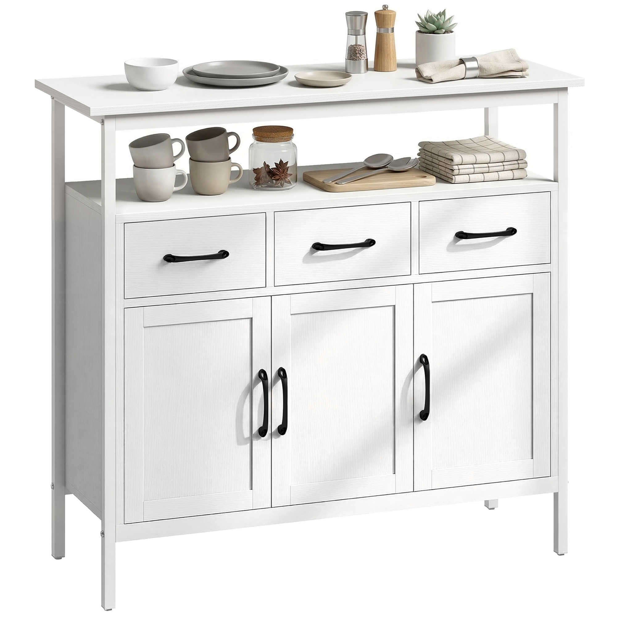 TEMU HOMCOM Buffet Cuisine, Meuble de Rangement avec 3 Portes, 3 Tiroirs, Compartiment Ouvert et Étagères Réglables, Style Moderne, pour Salon et