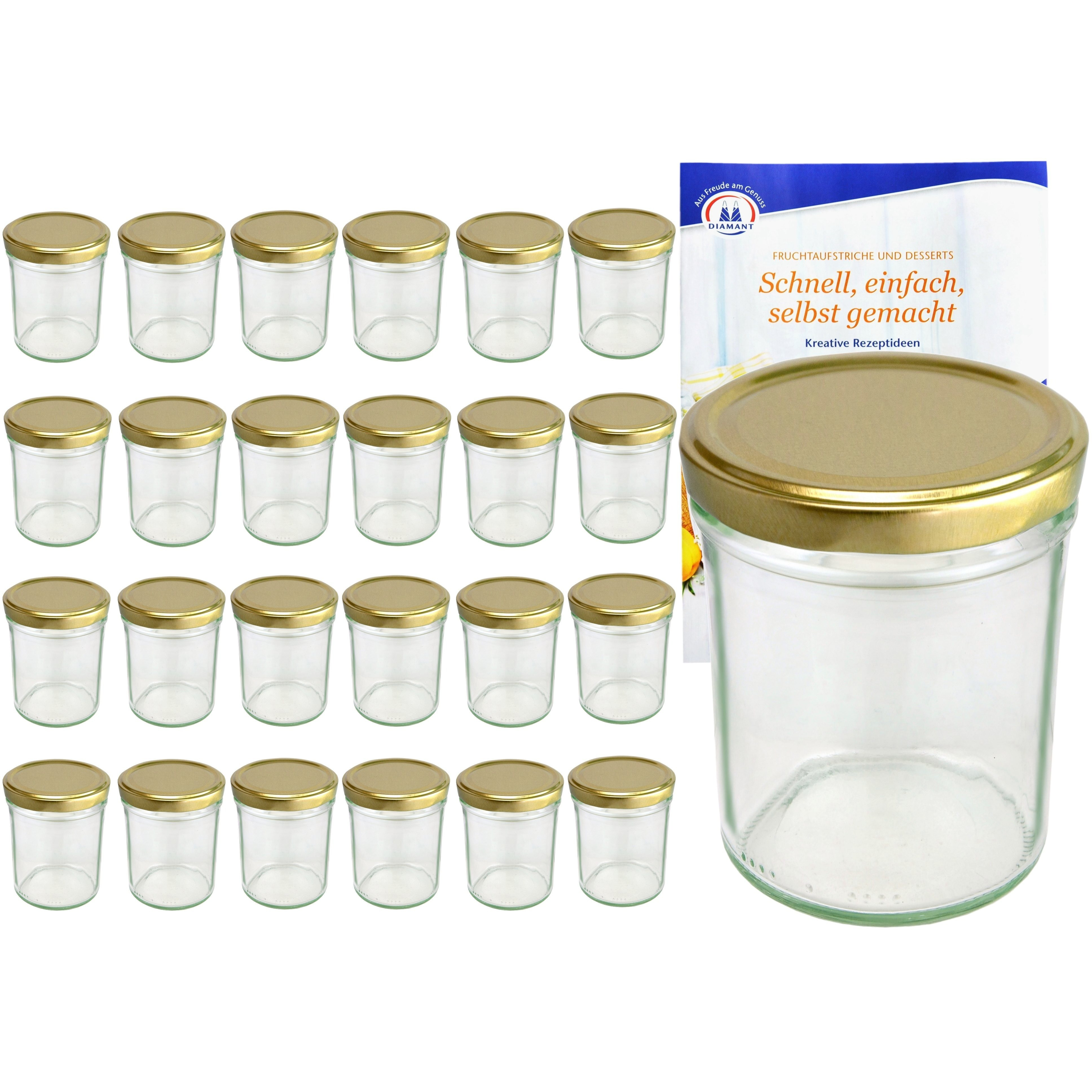25-piece Set Tall 230 Ml Drop Jars With Golden Lids, Size To 66, Including Recipe Booklet