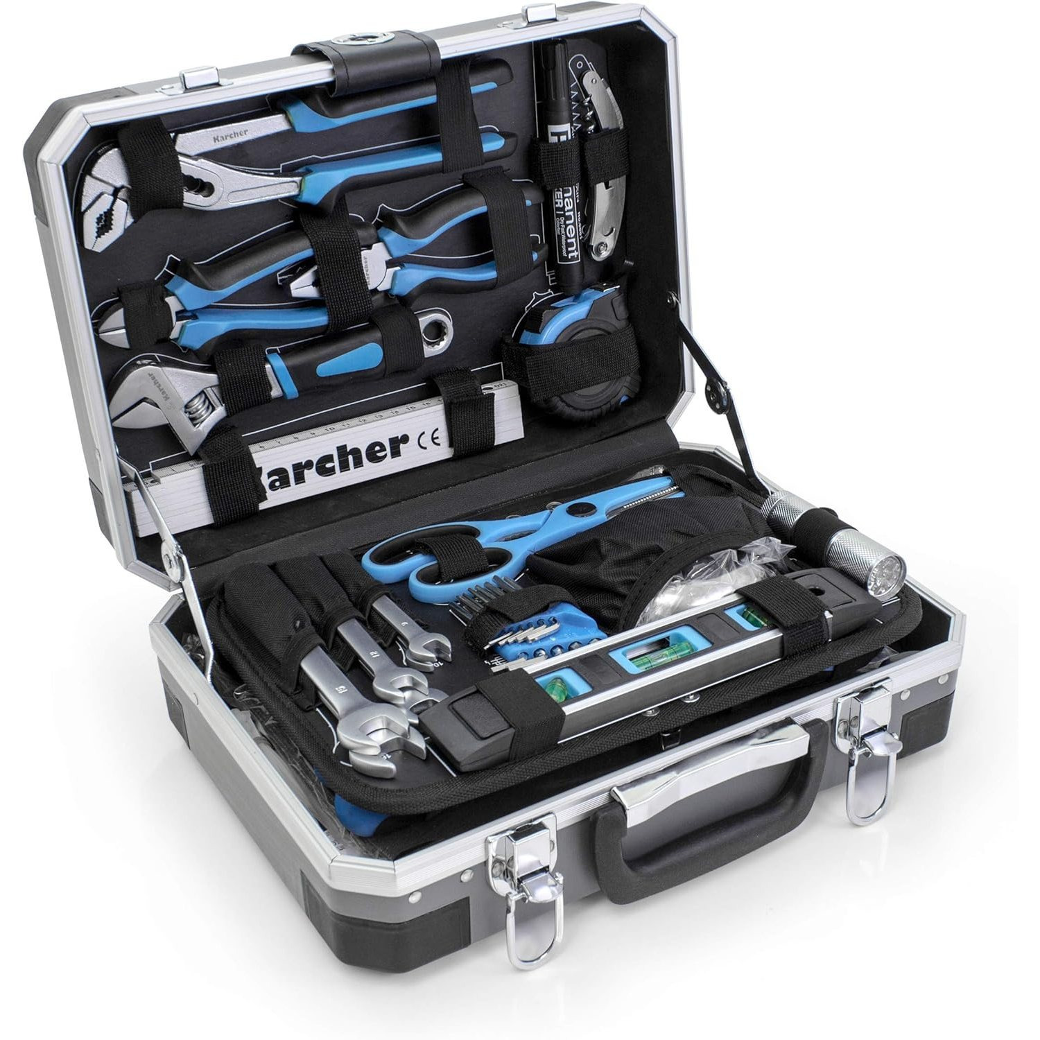 E-shop Karcher Werkzeugkoffer 114-teiliges Tool-Set I Werkzeugset aus Chrom Vanadium & Karbonstahl mit Hammer, Schraubendreher, Steckschlüssel, Bitsatz