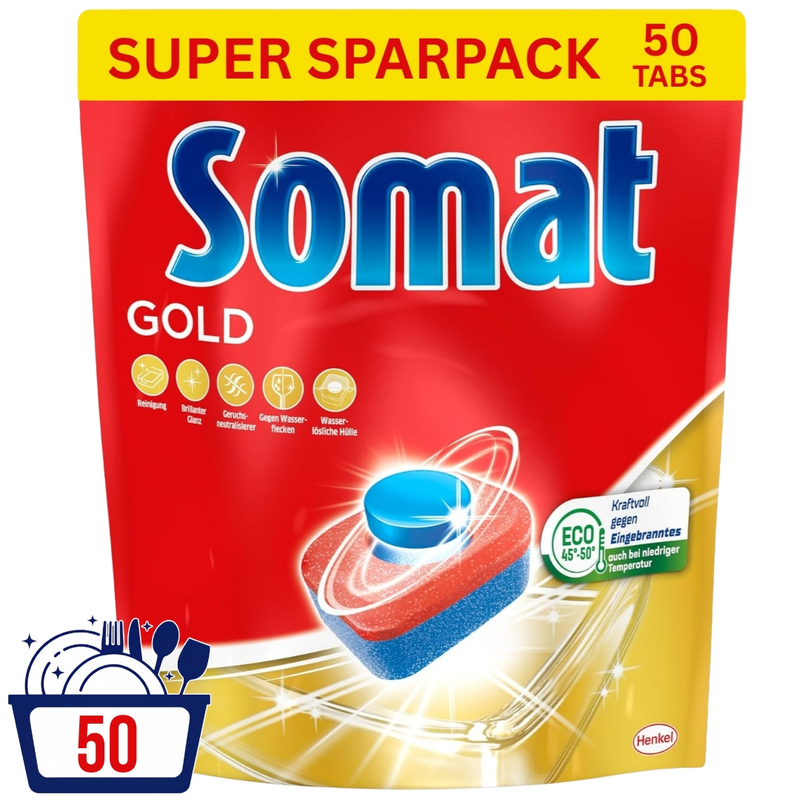 Somat Gold Dishwasher Tabs - 50 Tabs Bag, Dishwasher Tabs For Sparkling Clean Dishes At Low Temperatures, Against Dried-on Food.