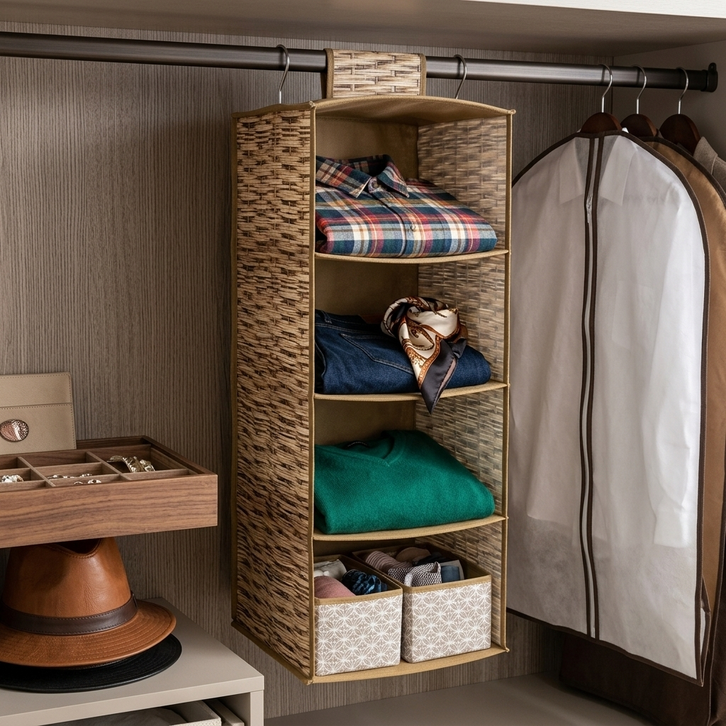 TEMU Organizador de Armario Colgante con 4 Compartimentos, Tela Estampado Bambú, 30x30x80cm, Estantería Colgante para Ropa, Toallas y Accesorios en