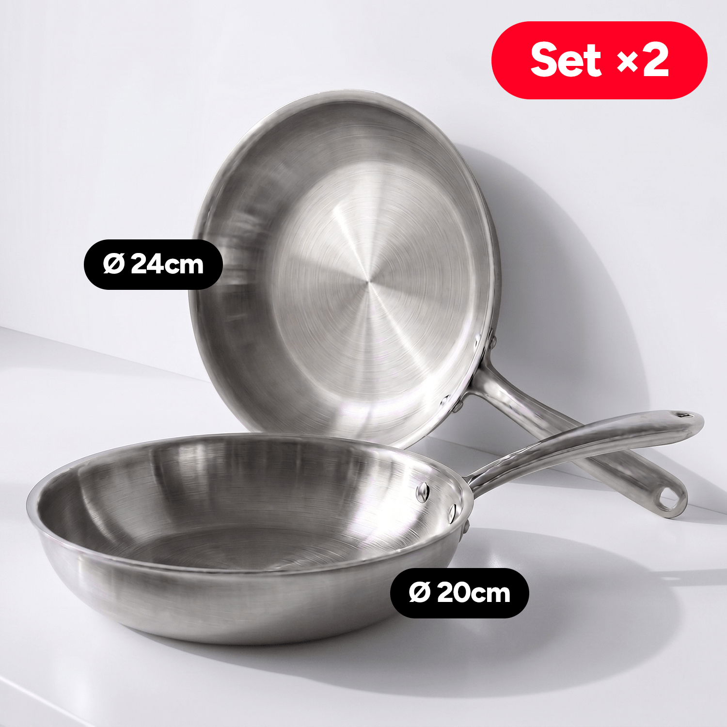 TEMU Set 2 Sartenes de Acero Inoxidable y Mango Ergonómico de Acero Inoxidable Aptas para Todo Tipos de Cocina, Distribución Uniforme del , Ø20/Ø24cm