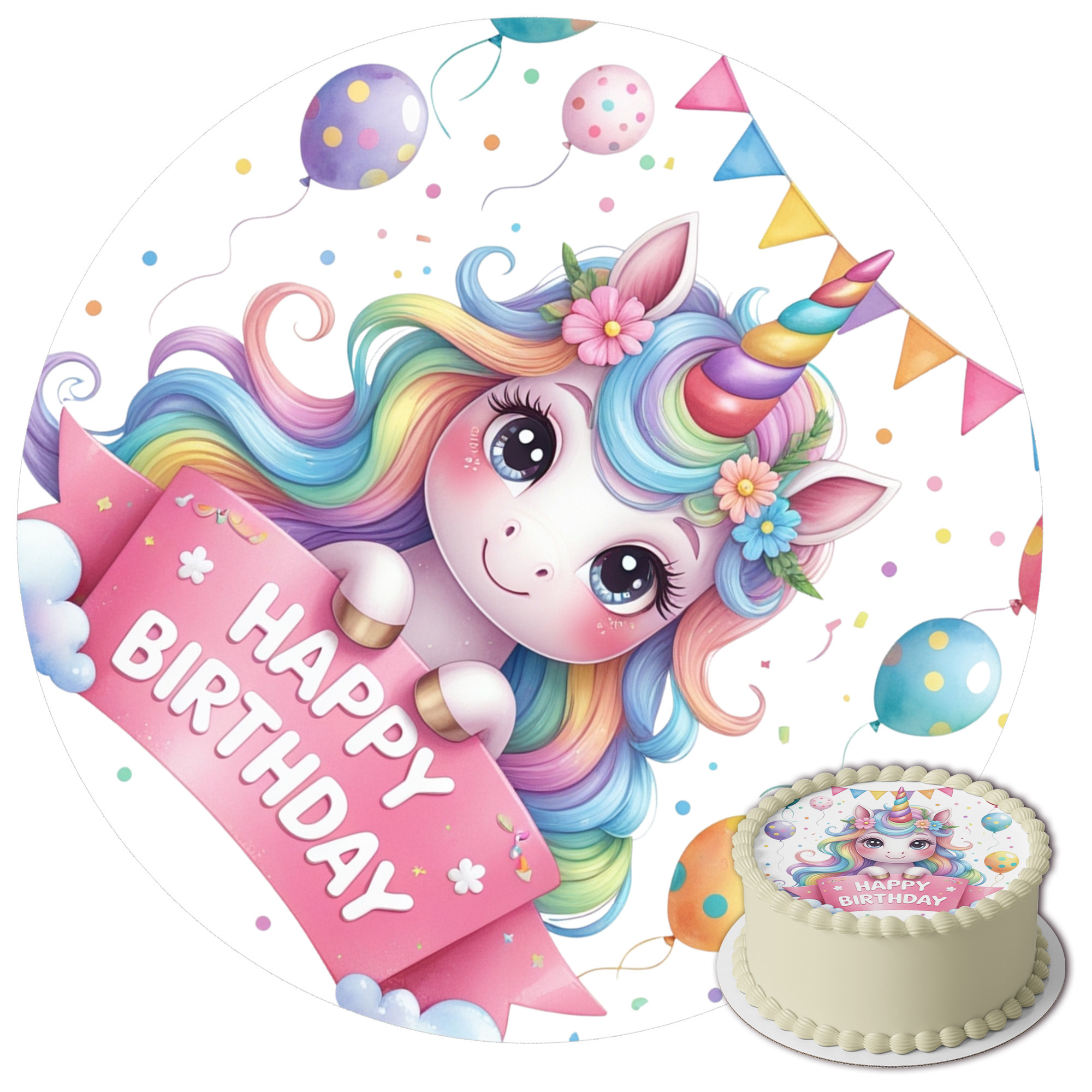 Image of J& Unicorn Cake Topper 20 Cm – Edible Cake Decoration With Rainbow Design – Cake Image For Girls' Birthday