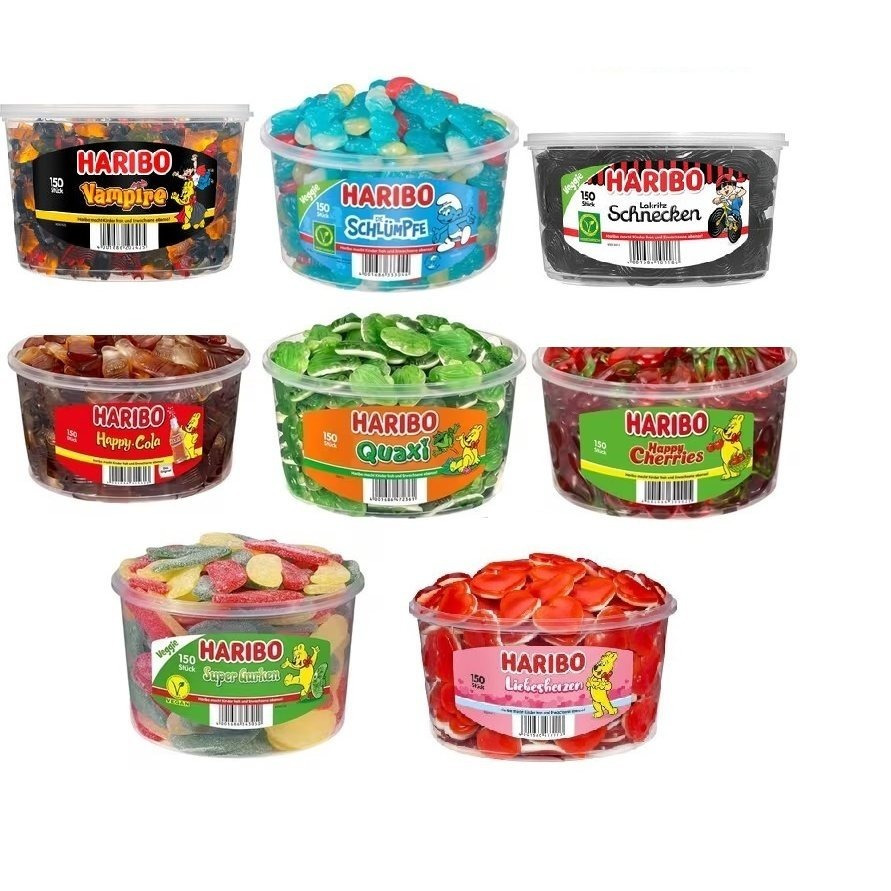Image of Haribo - Action Pack With Licorice - 1200pcs (8 Different Cans) 10200g Vampire / Happy Cola / Happy Cherry / Licorice Snails / Quaxi (frogs) / Pickles / Giant Strawberries / Love Hearts