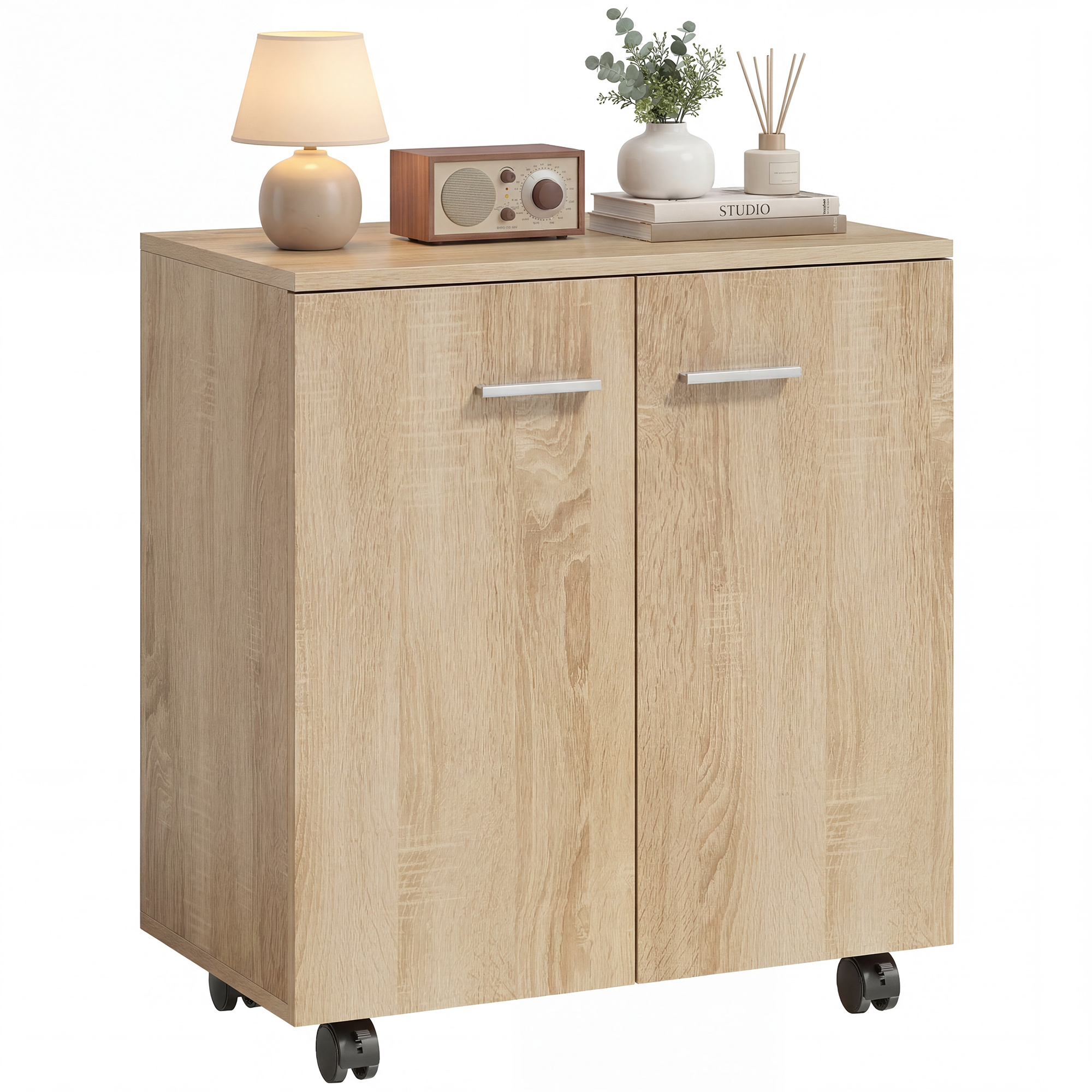 TEMU HOMCOM Meuble de Rangement Buffet bas sur roulettes avec 2 Portes étagère Interne pour salon, chambre, bureau 60 x 35 cm bois naturel