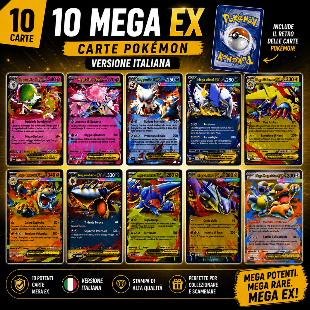 TEMU Lot Of 10 Pokémon Mega Ex Cards - Italian Version - Ultra Rare - 100% Authentic