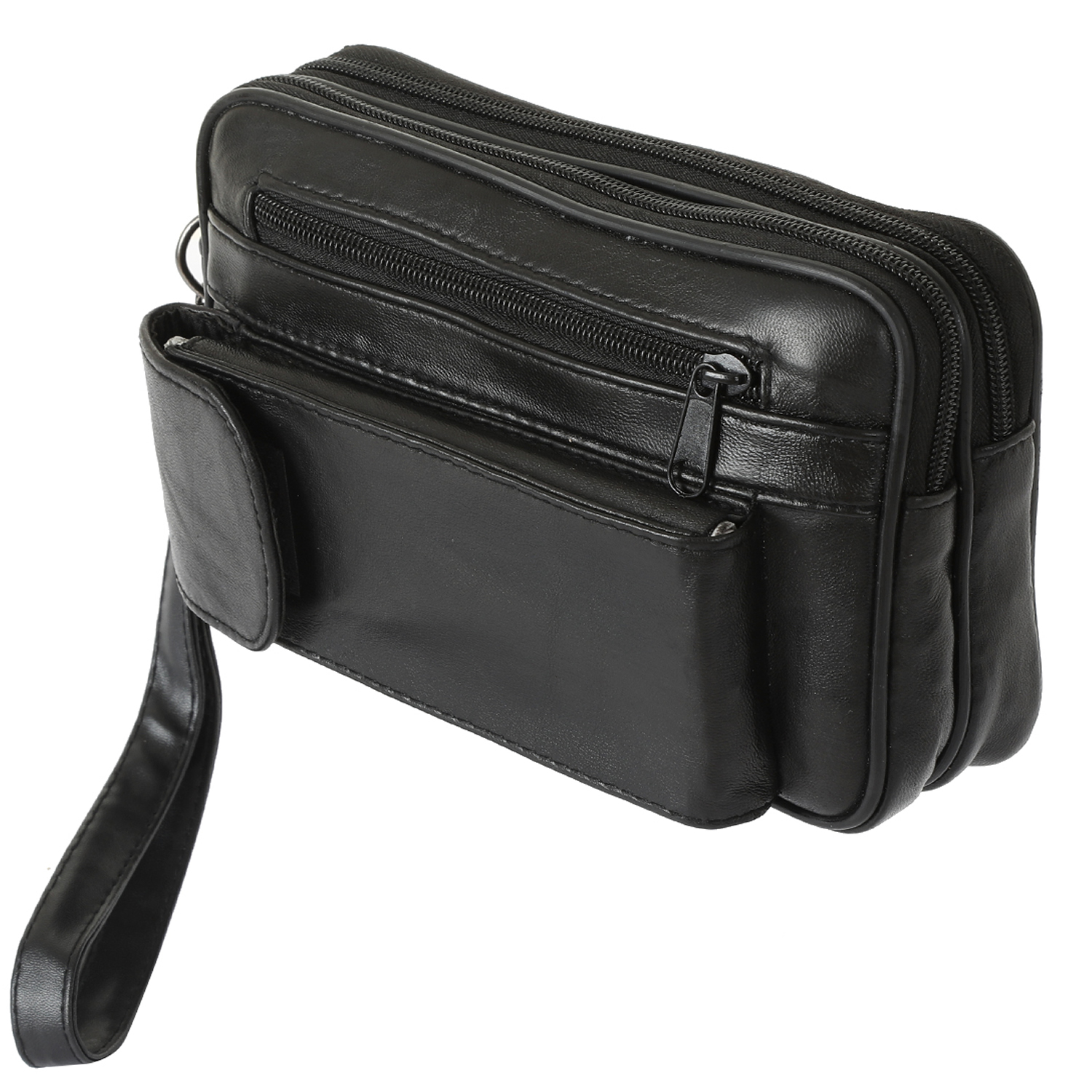 Image of Men's Leather Wrist Bag Black - Handbag With Glasses And Phone Compartment - 4 Zipper Pockets - Travel And Document Organizer - Large Wallet Bag - Sotala