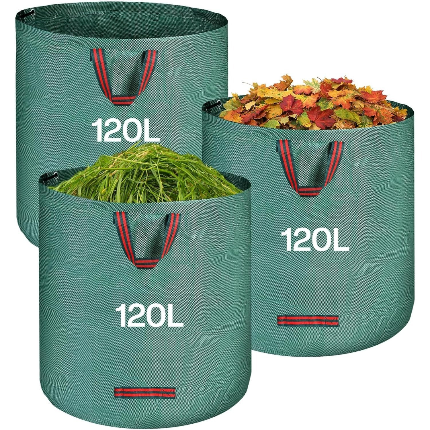 Image of 3-pack 120l Garden Waste Bags, Outdoor Cleaning Storage Bags Large Capacity Foldable Lawn Bags For Leaves, Gardening Waste, Grass Clippings, Garden Waste