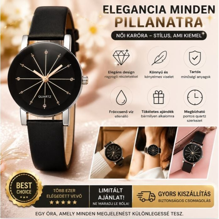 Black Stella - Minimalist Luxury Women's Quartz Watch, Black Elegant Strap, Design, Perfect As A Gift Too.