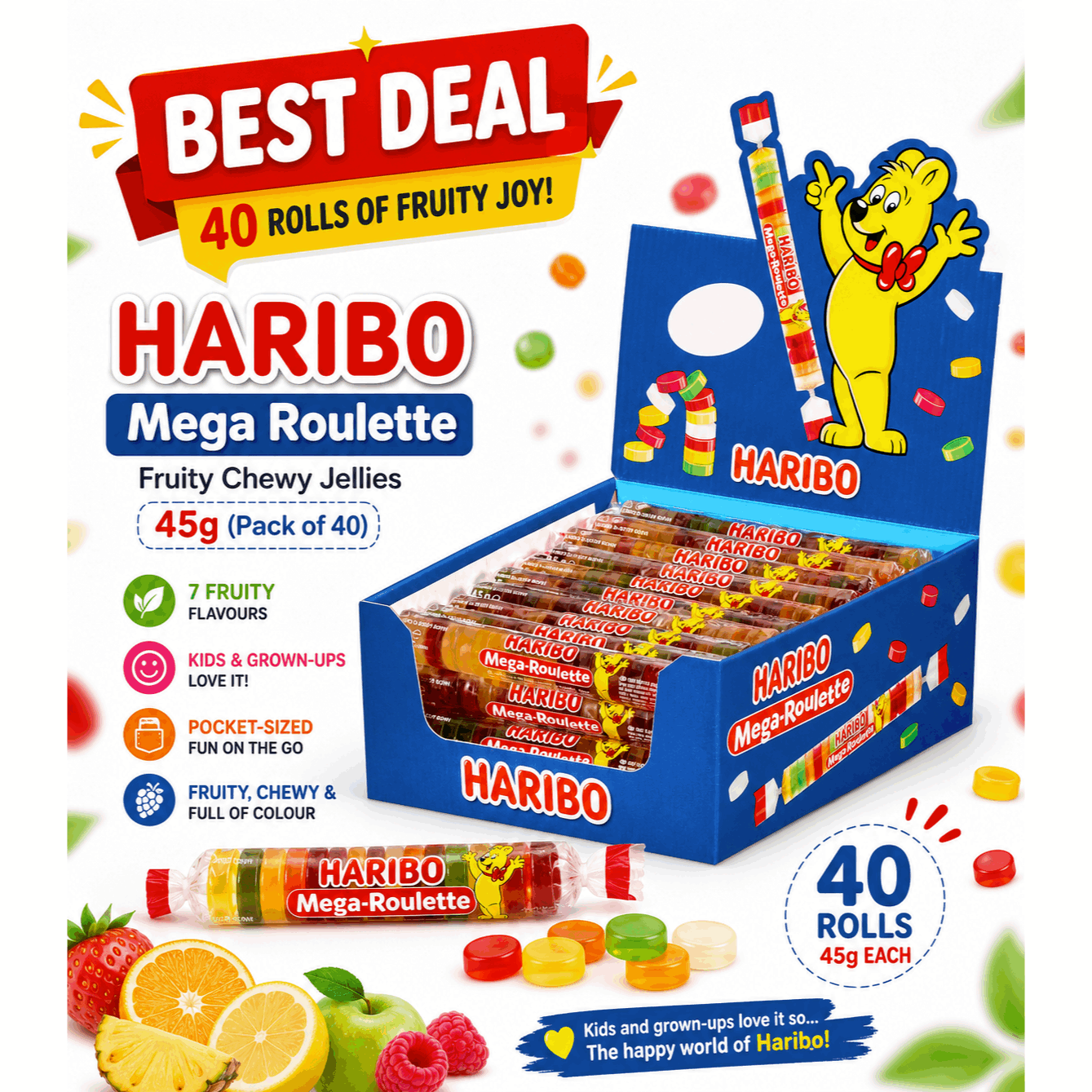 TEMU Haribo Mega , Fruit Rubber Wheels, Chewy Jellies, 45g (pack Of 40)