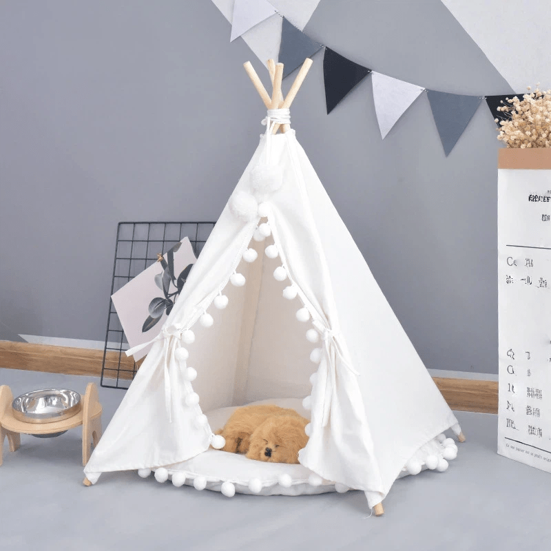 Pet Tent With Decorative Trim, 60cm Dog Tent Cat Tent With Washable Round Cushion, Cozy Boho Sleeping Hideaway For Small Dogs, Cats & Small Pets Indoors