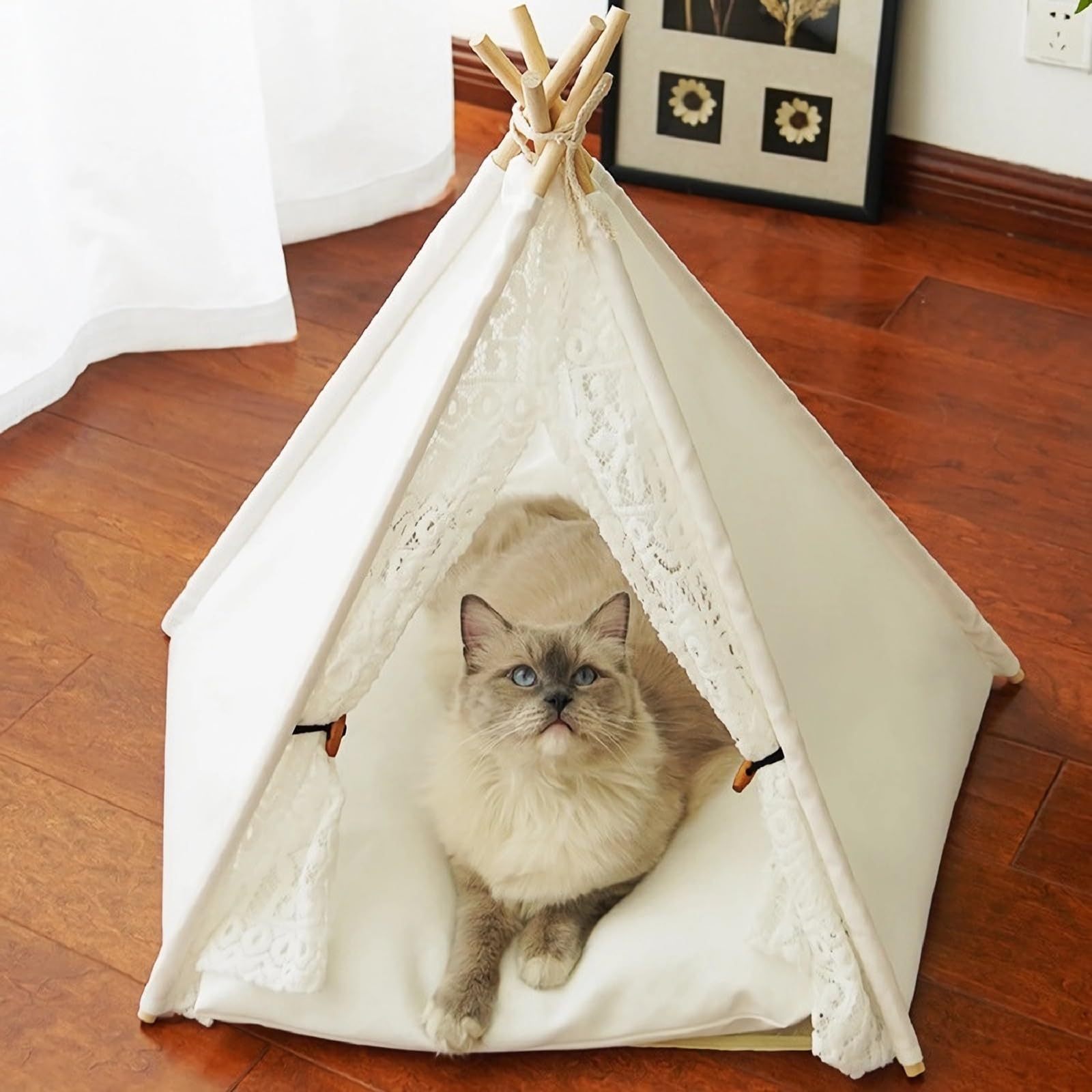 Image of White Boho Cat Bed With Lace, Removable Washable Cushion, Sturdy Wooden Frame, Indoor Cat Bed For Cats And Small Dogs