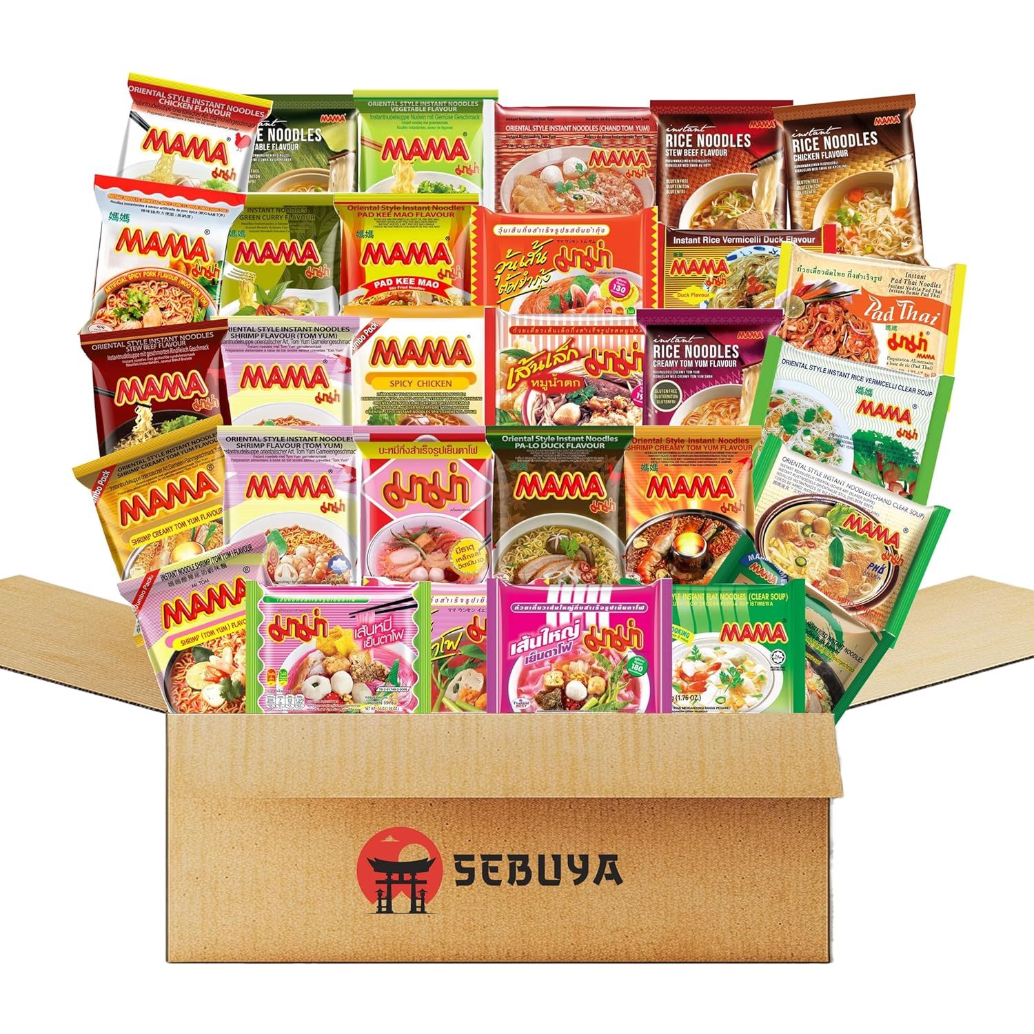Image of Instant Noodle Box, Mama Assortment Pack (6/12/18/24/30pcs), Various Mama Flavors, With Shrimp, Chicken, Beef, Yentafo Tofu, Pad Kee Mao, Pa-lo Duck, Ramen Duck, Vegetables, Clear Soup, Pad Thai