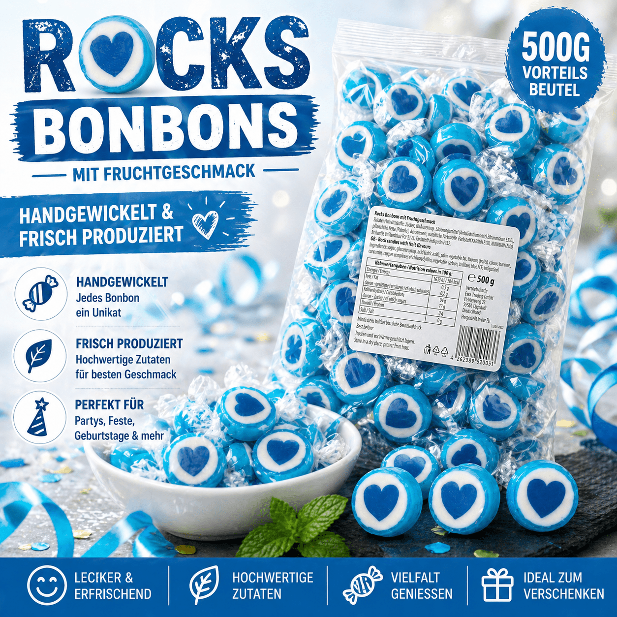Image of Heart-shaped Candies For Wedding, Baptism, Communion - 500g Bulk Pack - Hand-wrapped Rock Candy With Hearts - Table Decor, Treats, Guest Favors For Decoration, Sweets - In Blue