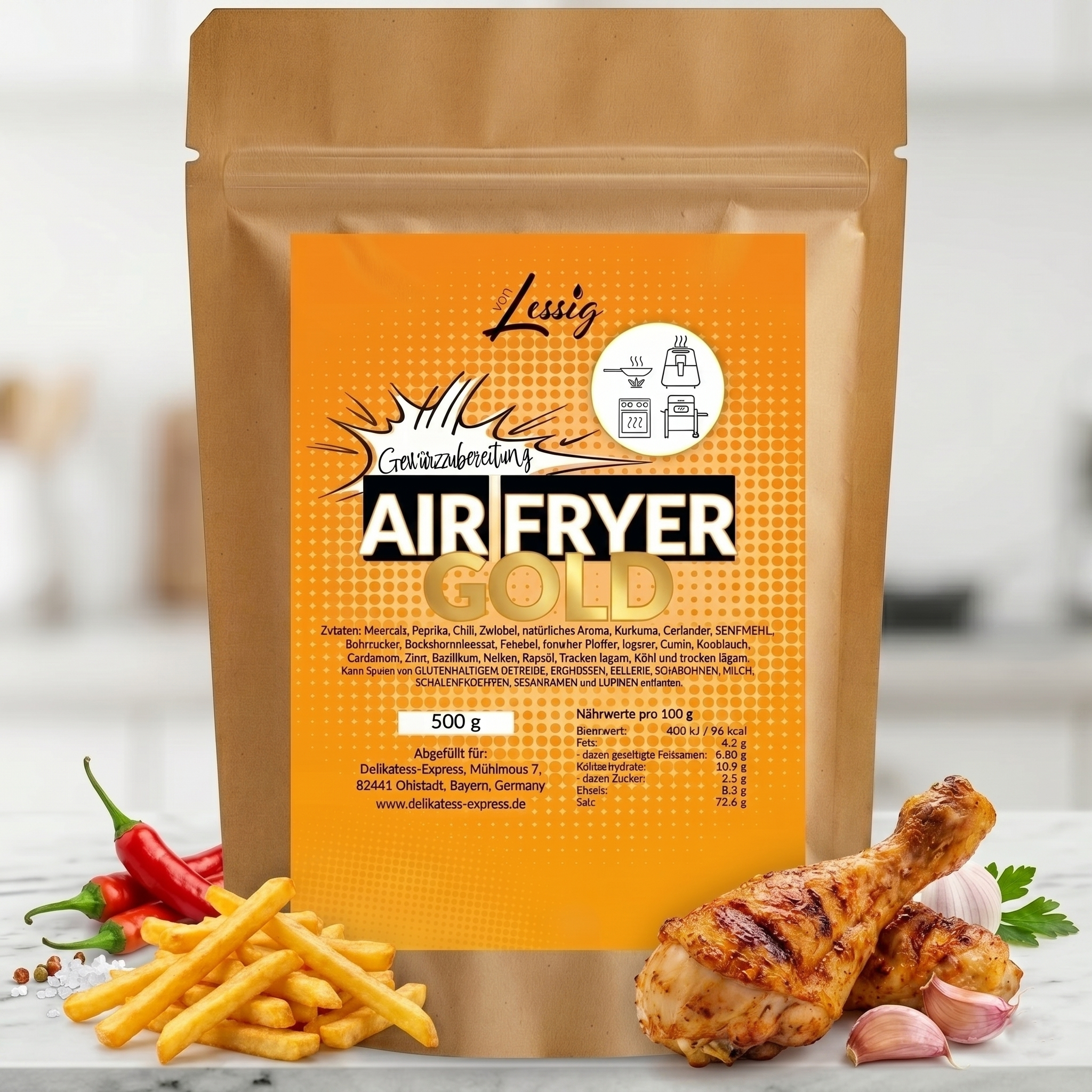 Image of Lessig Air Fryer Gold Spice | 500g Xxl Premium Spice Mix For Hot Air Fryer – Ideal Accessory & Supplement For Every Air Fryer Set – Perfect For Fries, Meat & Vegetables